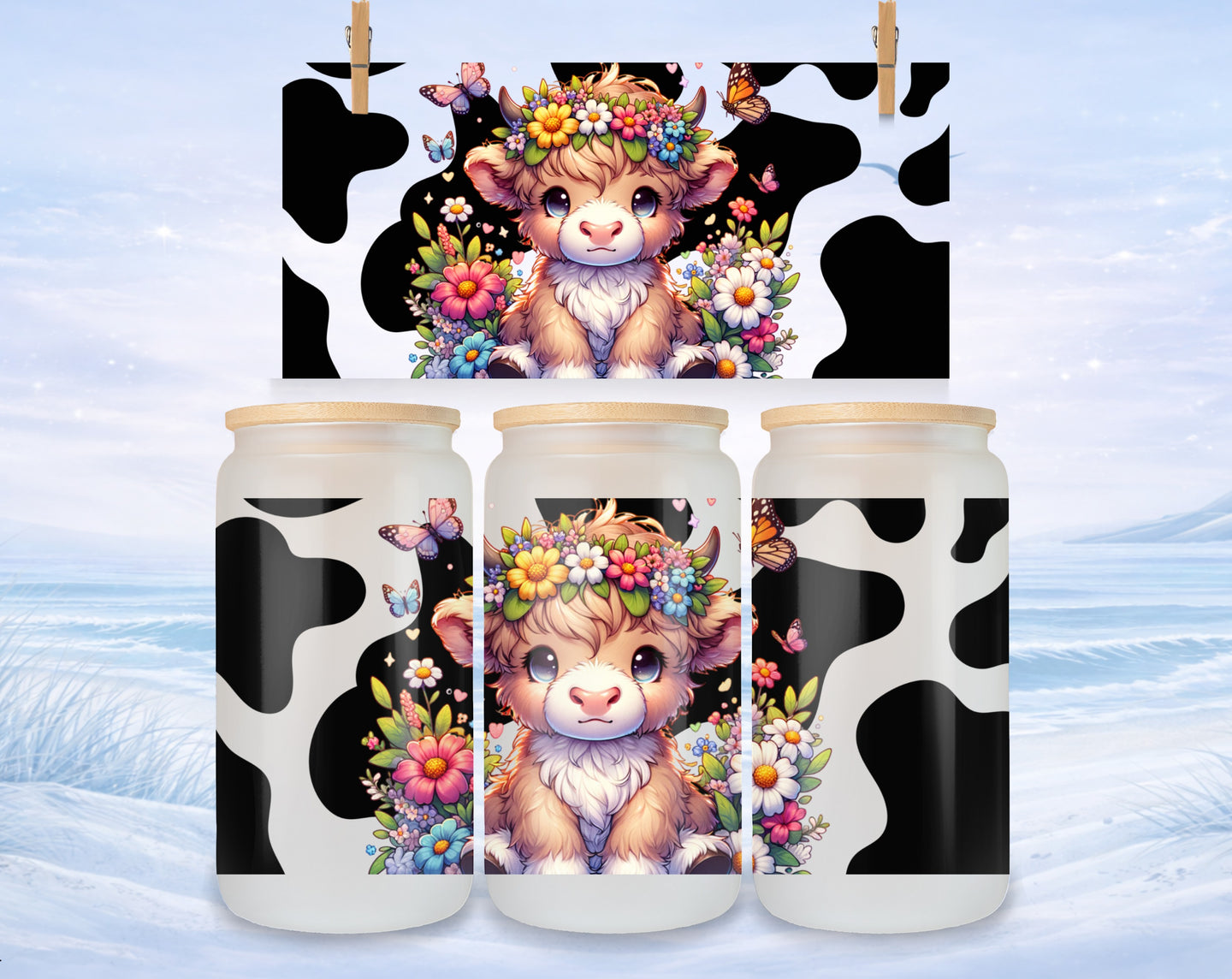 Cute cow with flowers and butterflies, cow print background.