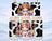 Cute cow with flowers and butterflies, cow print background.