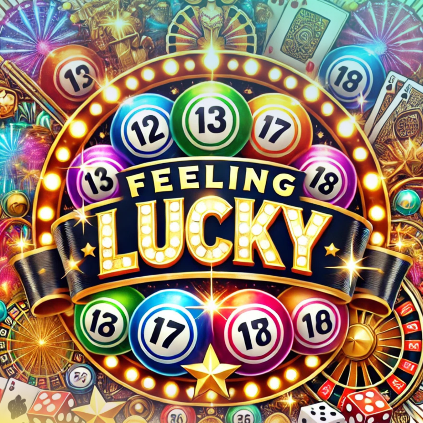 Bingo balls with "FEELING LUCKY" text and casino elements.