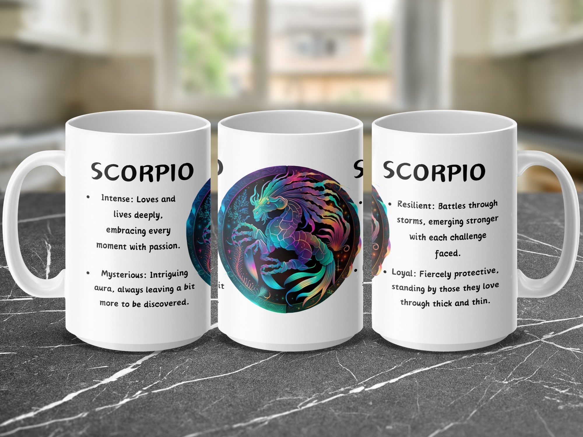 Mug with Scorpio zodiac sign and descriptive text.
