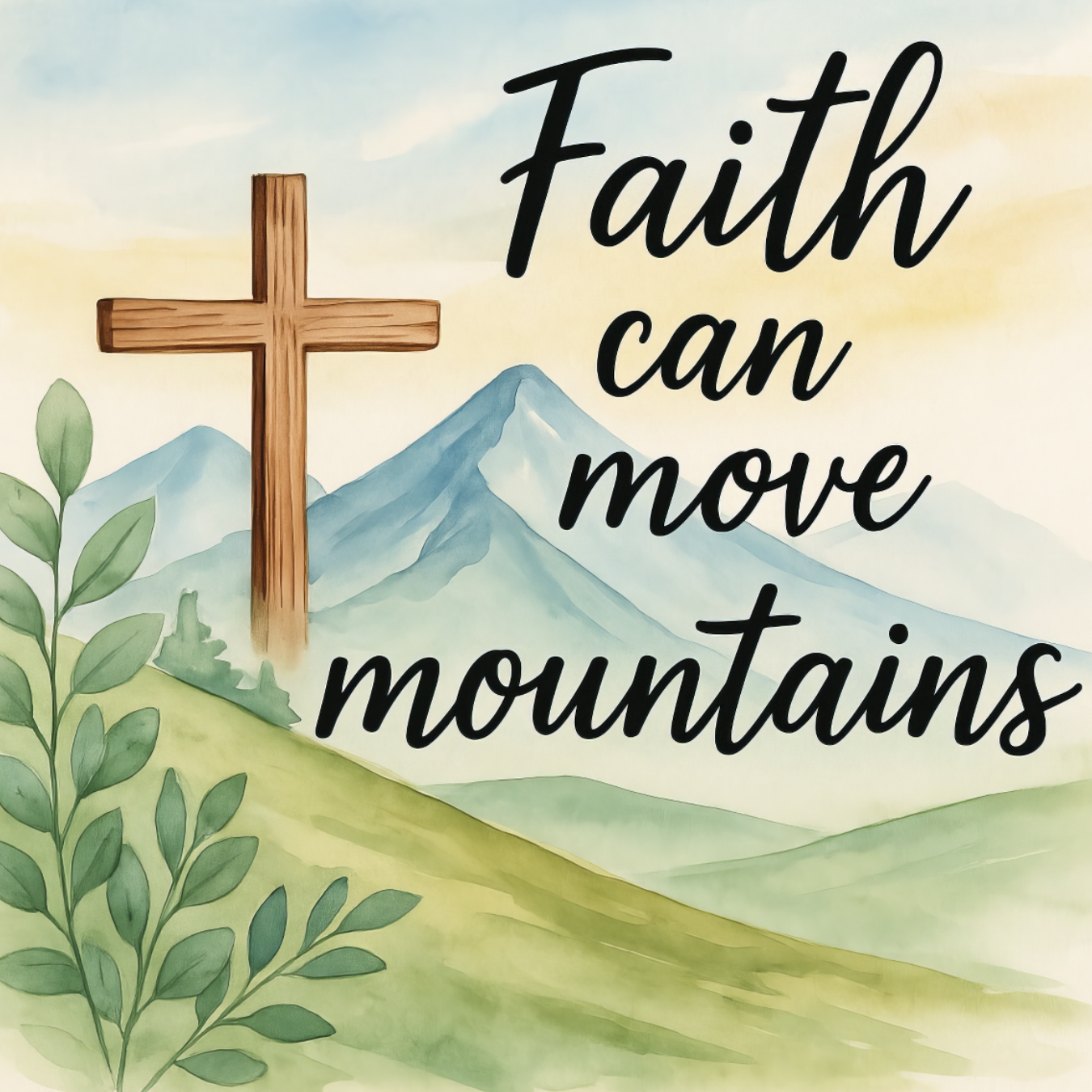 Cross and mountains with text "Faith can move mountains" overlayed.