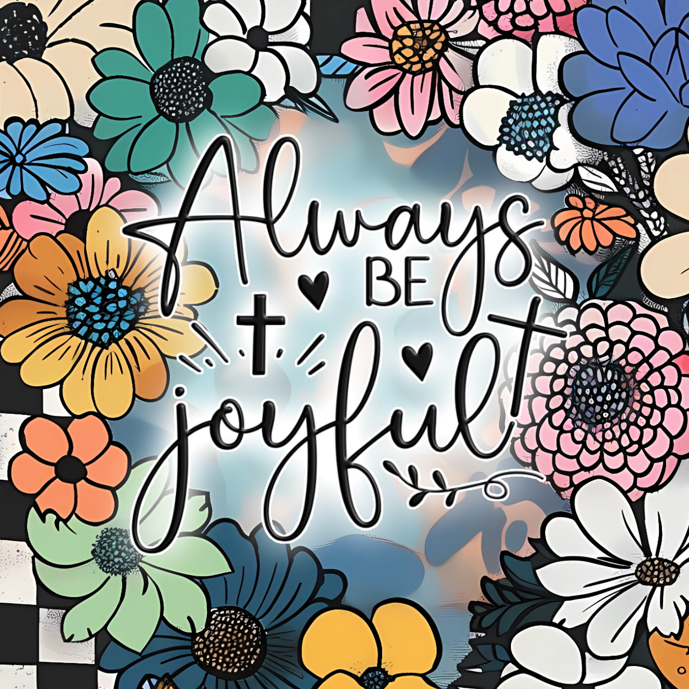 Always be joyful text surrounded by colorful flowers and checkerboard pattern.
