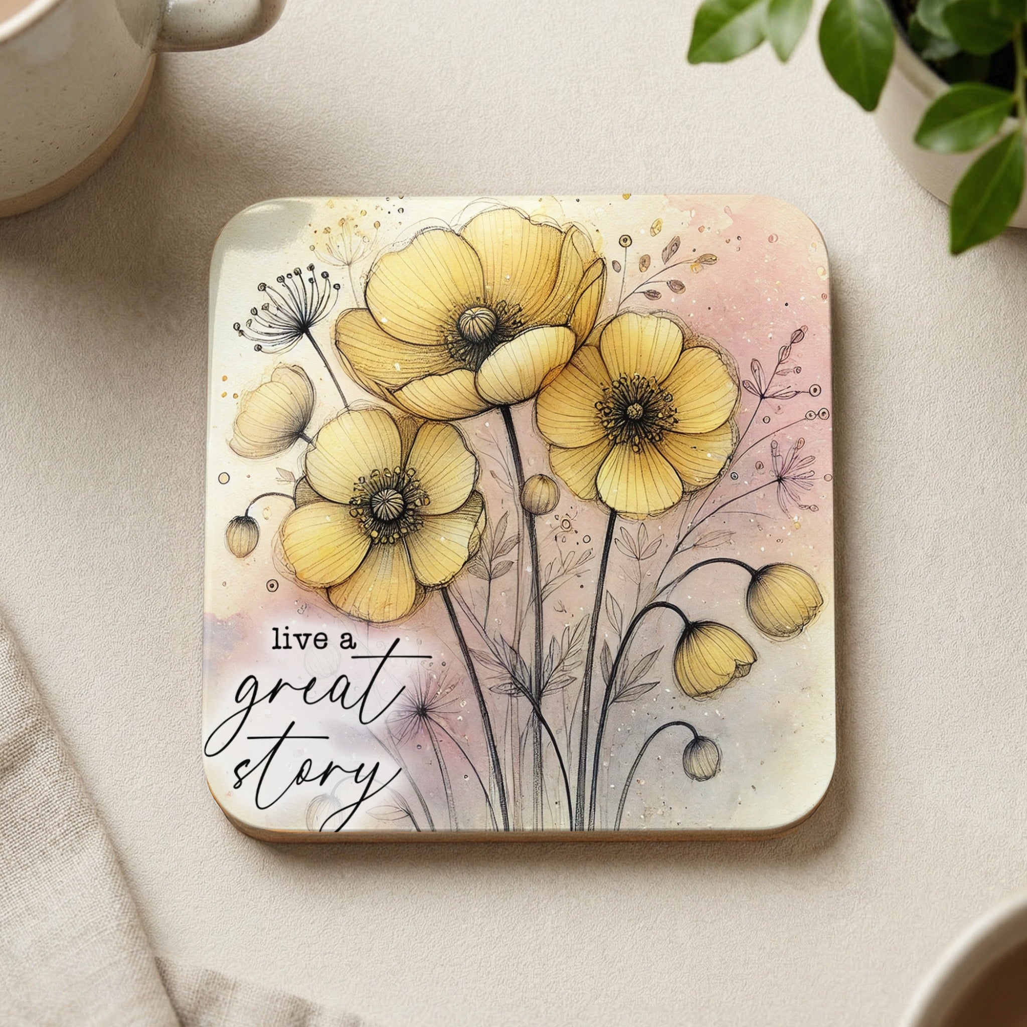 Yellow poppies with "live a great story" quote on square coaster.