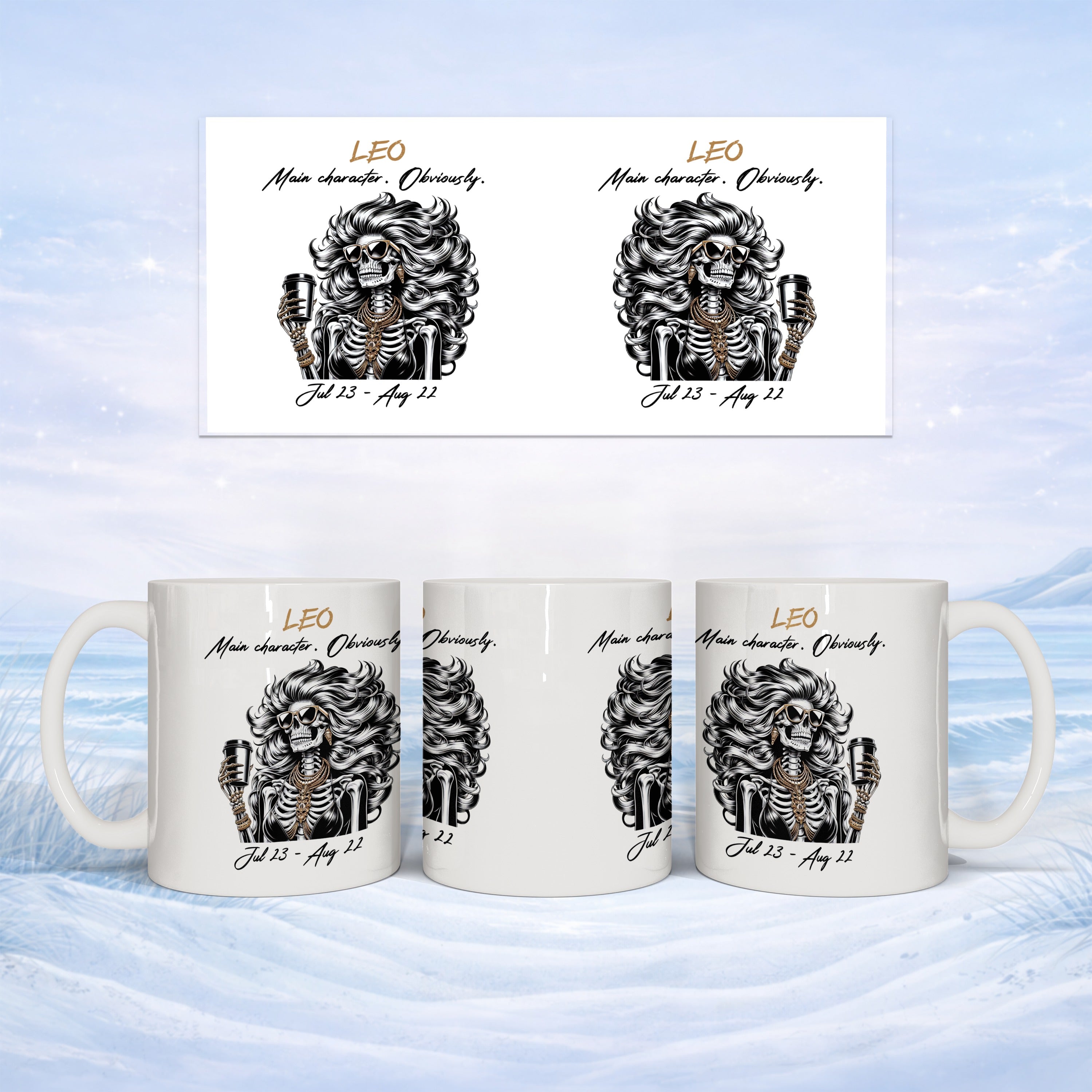 Mug with LEO horoscope design featuring a skeleton microphone and astrological dates.