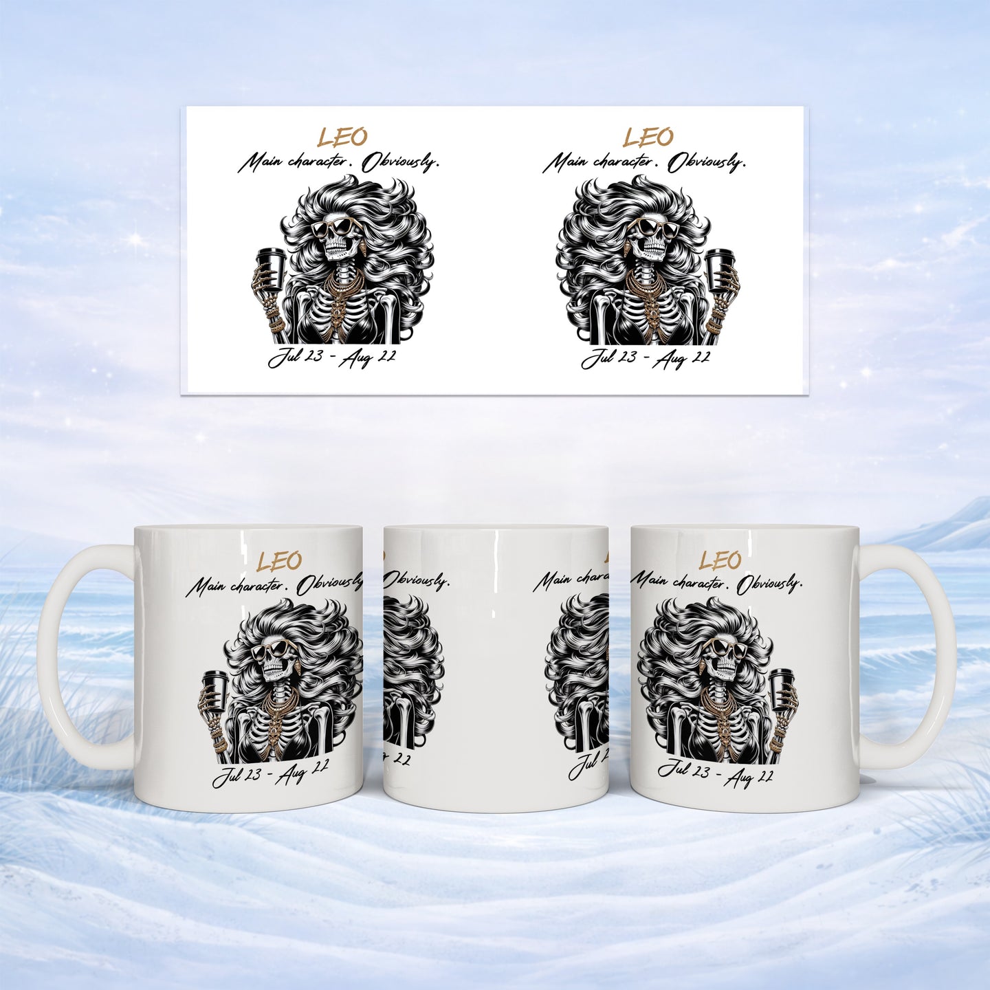 Mug with LEO horoscope design featuring a skeleton microphone and astrological dates.