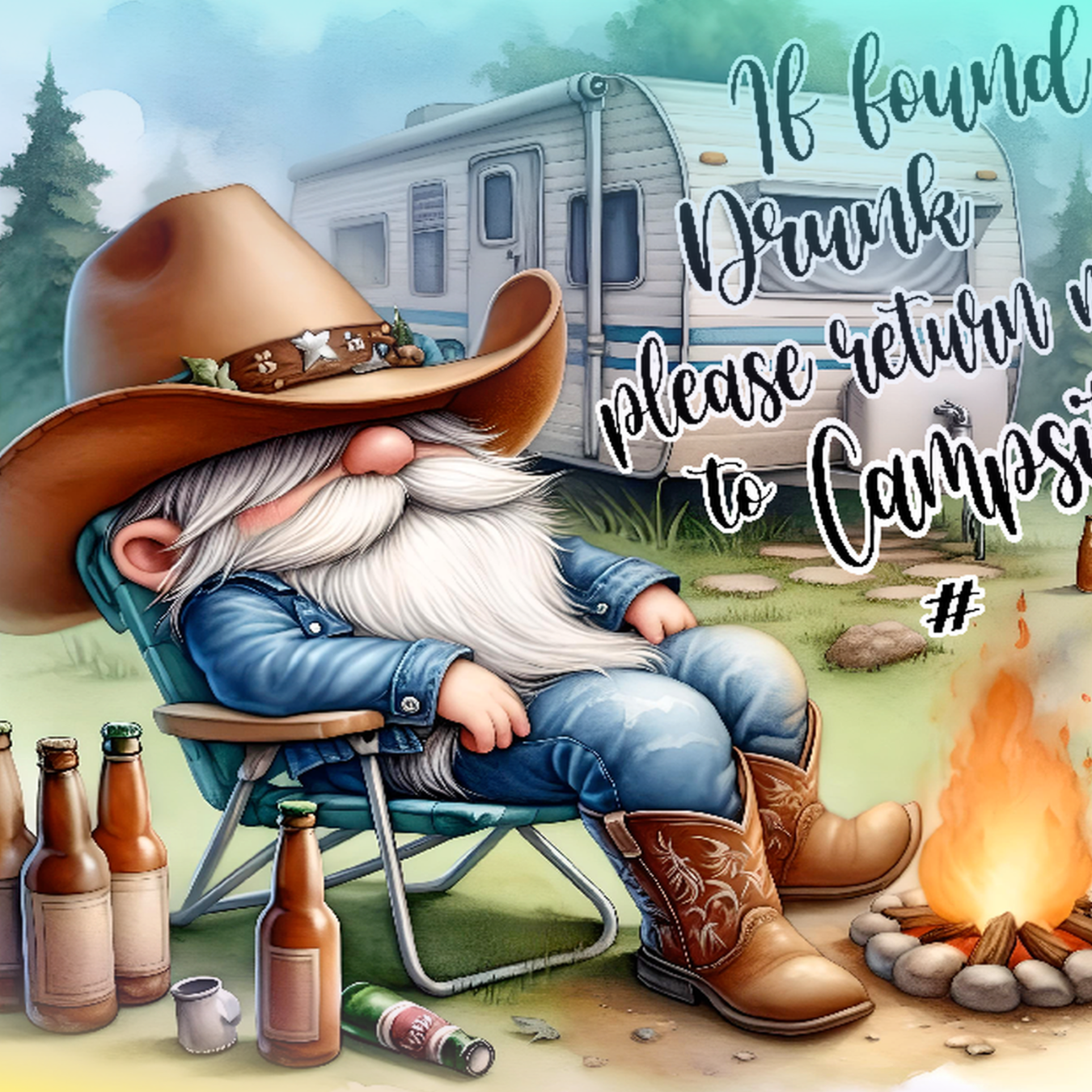 Gnome in cowboy hat and boots sits by campfire with beer bottles.