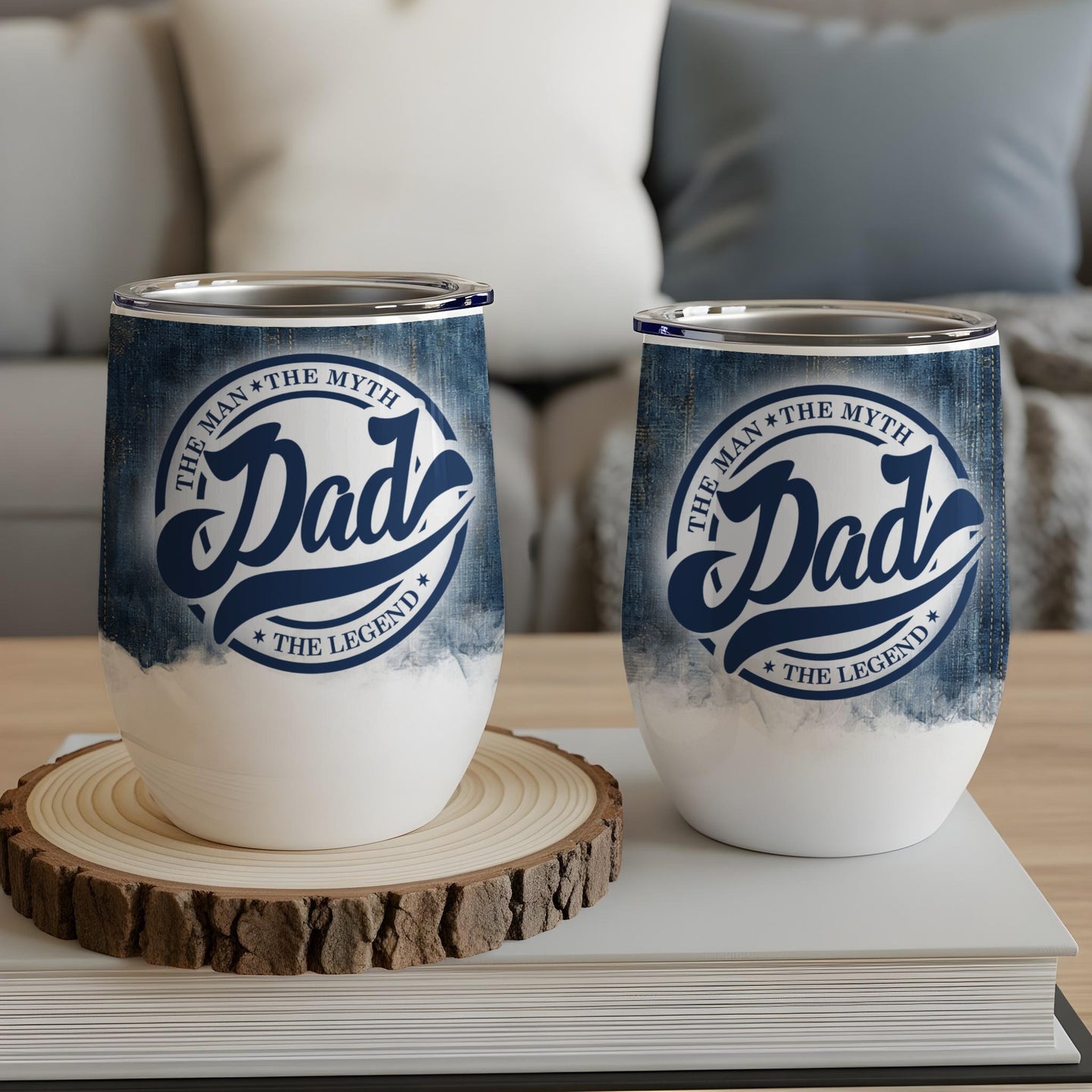 Two white tumblers with "Dad The Man The Myth The Legend" denim-look design.