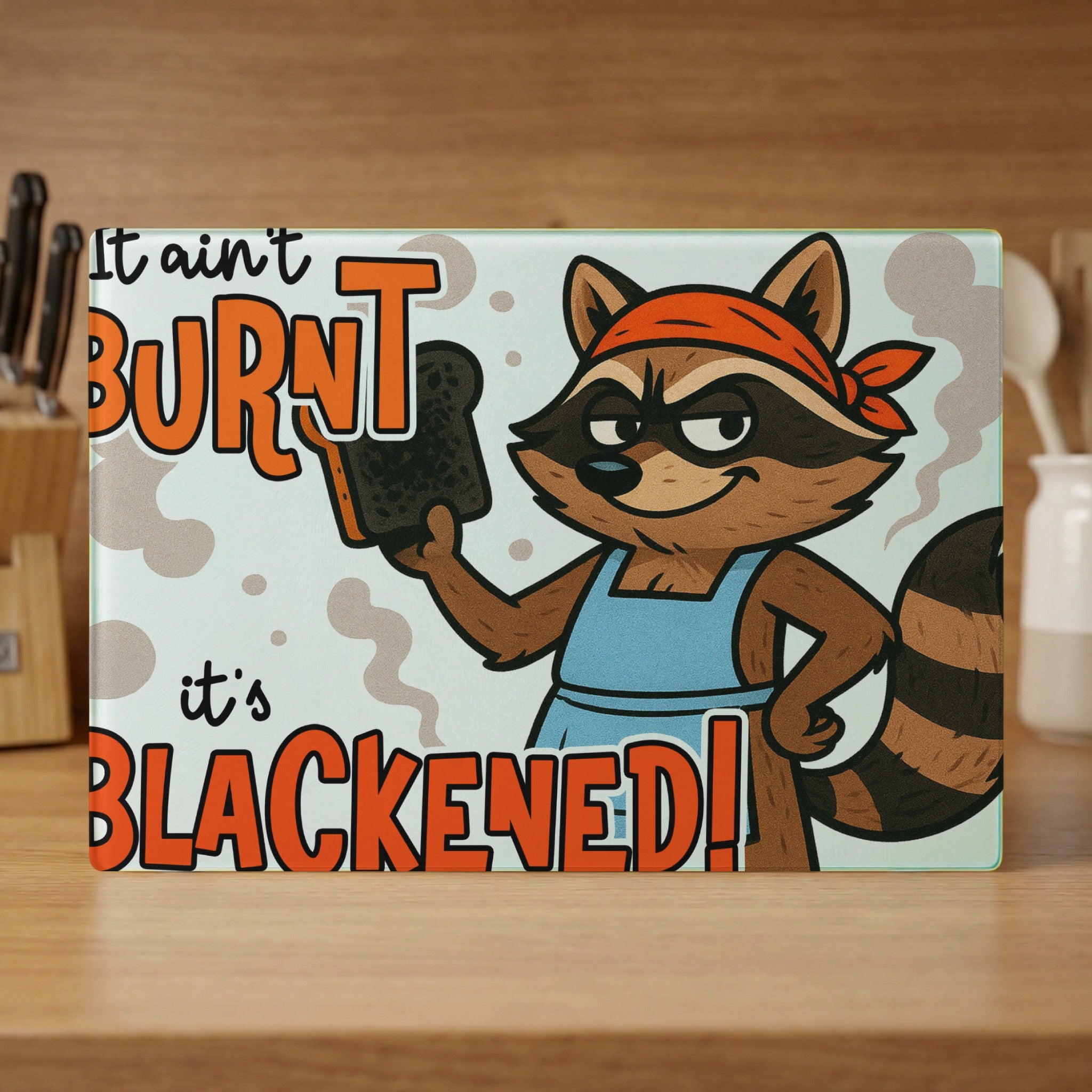 Raccoon in bandana and apron holds burnt toast, text "It ain't burnt, it's blackened!".