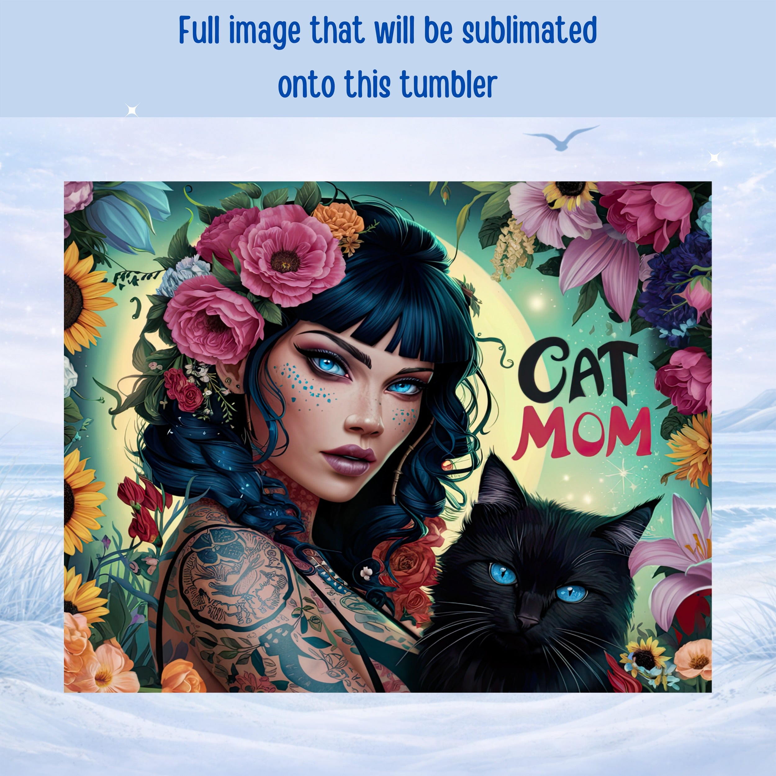 Woman with tattoos and blue eyes beside a black cat with "Cat Mom" text.