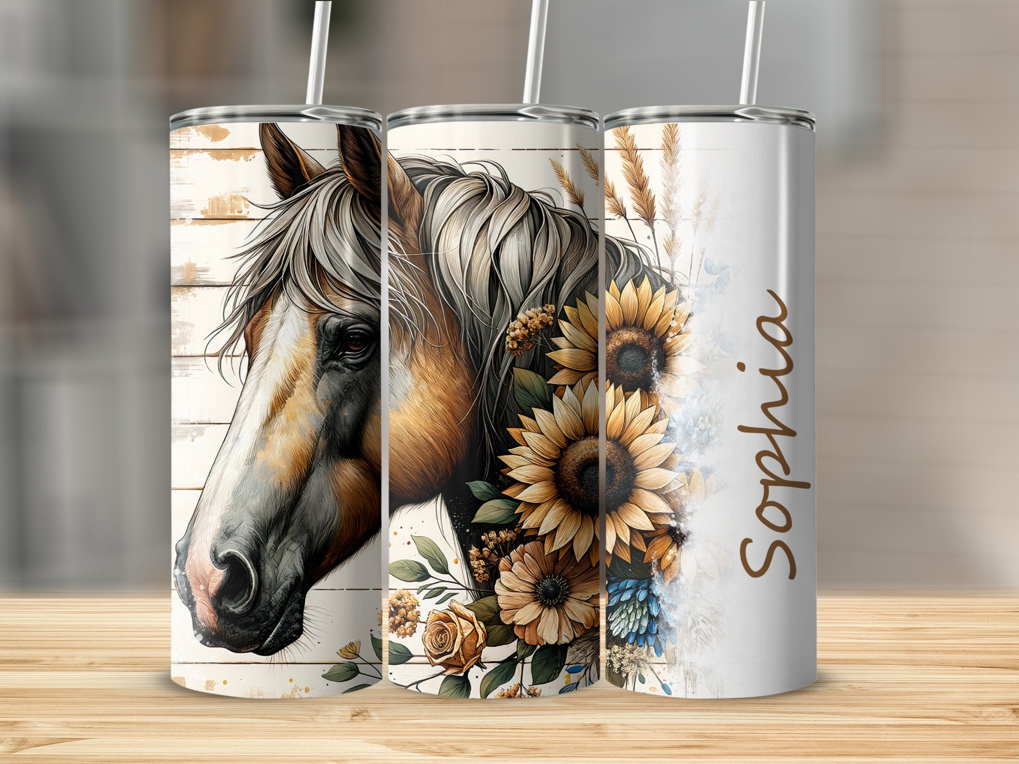 Horse portrait with sunflowers and floral accents on three tumblers.