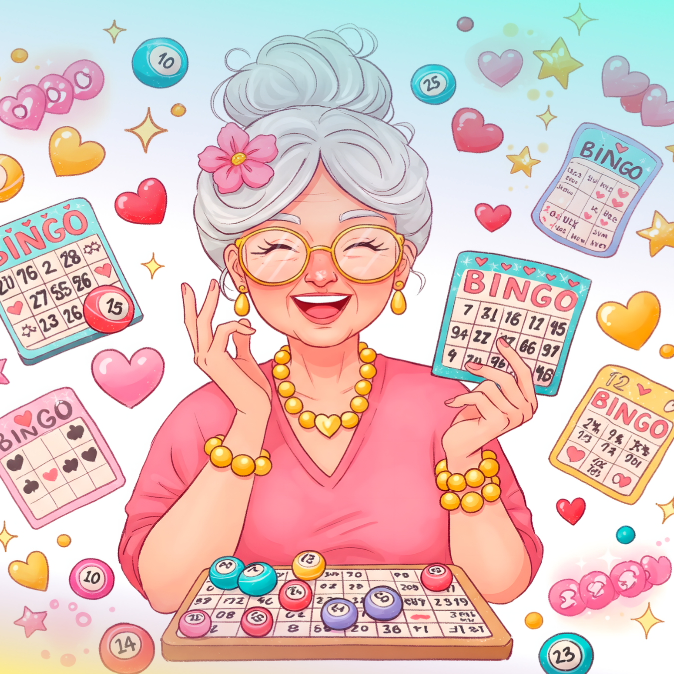 Smiling older woman in glasses with bingo cards and markers.