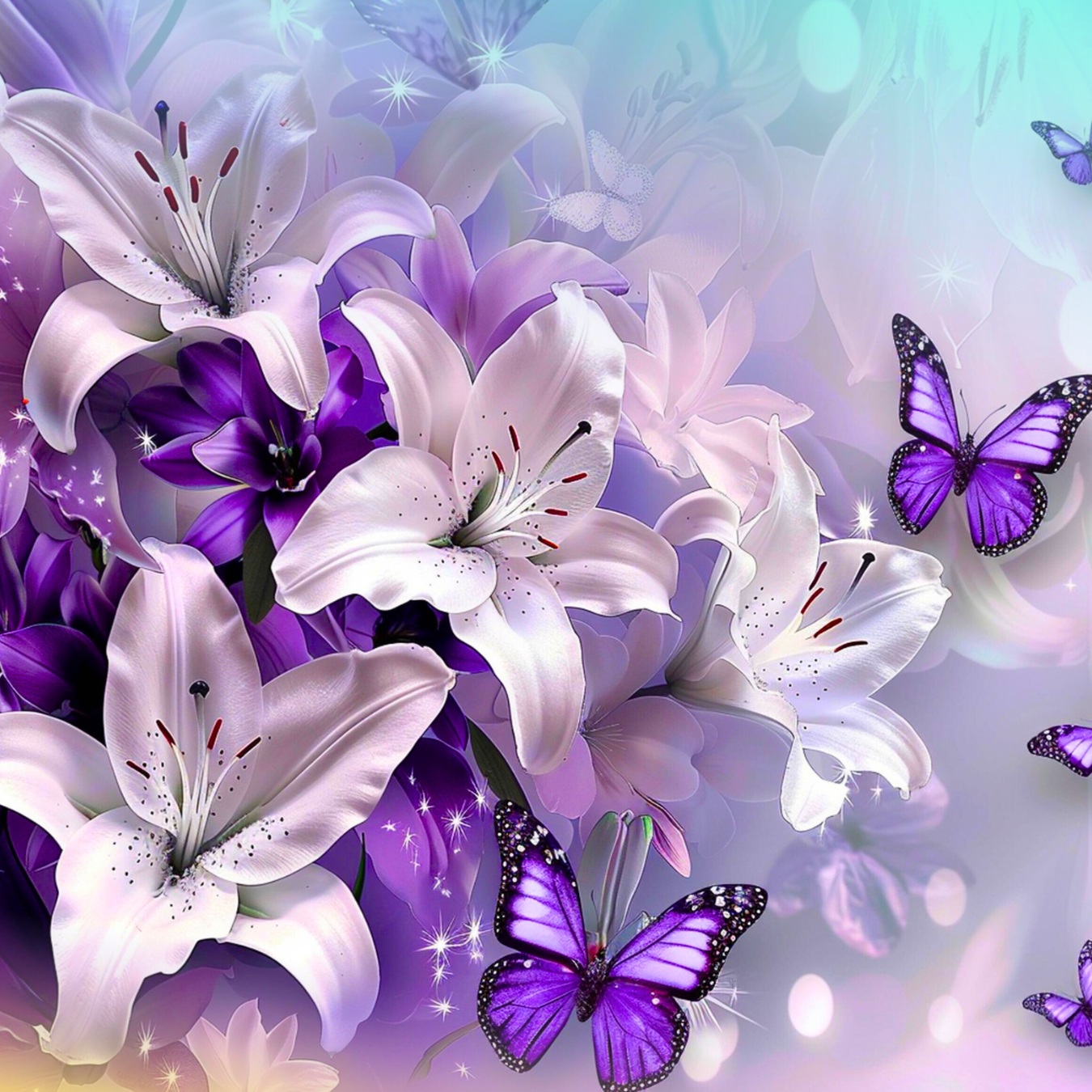 White and purple lilies with purple butterflies and sparkly accents.