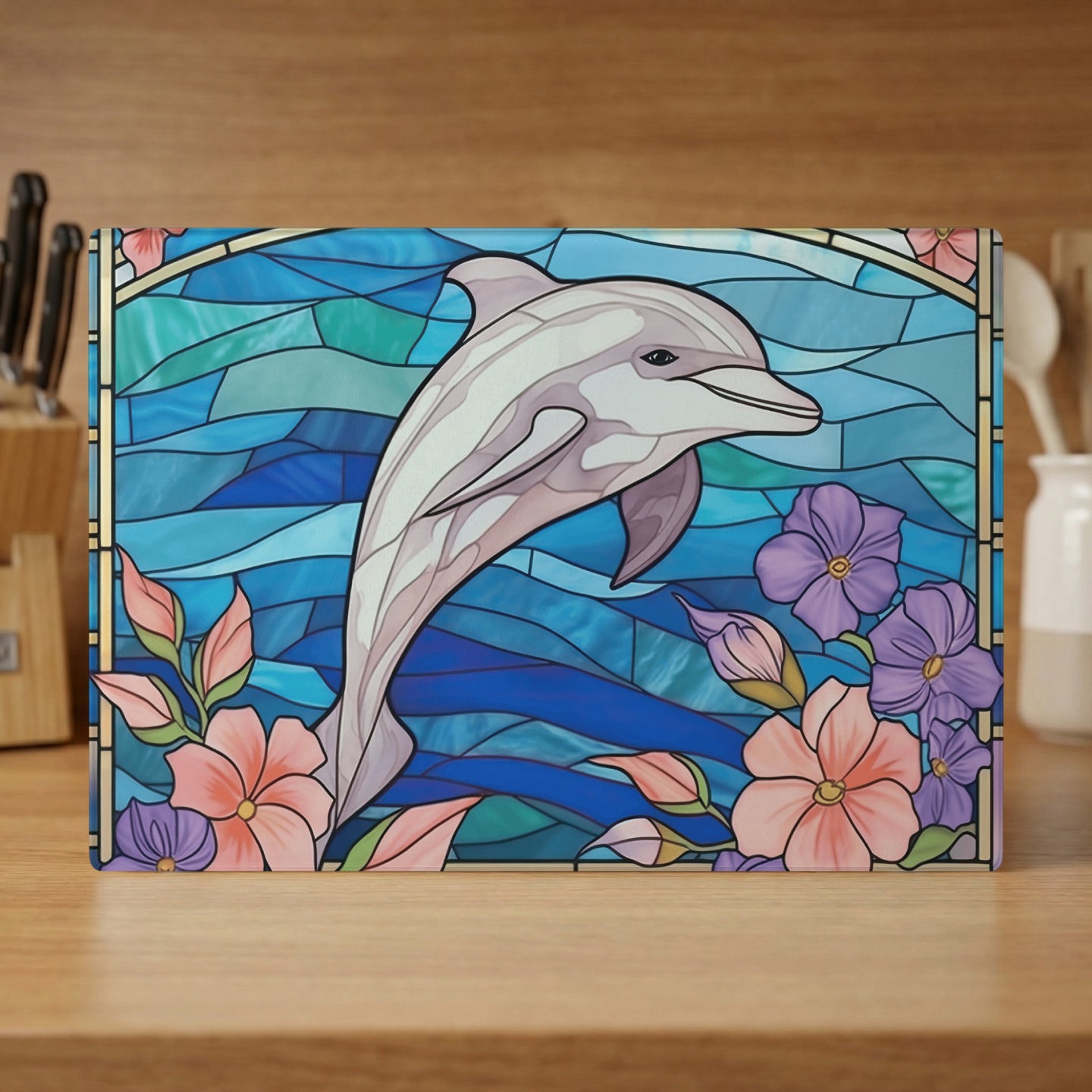 Stained glass art of a dolphin leaping through water, surrounded by flowers.