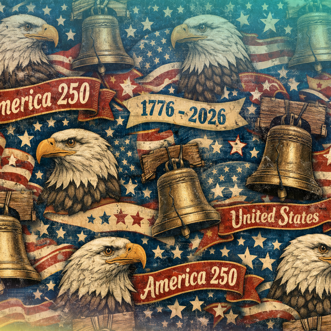 Eagles and bells against a starry American flag background, celebrating America 250.
