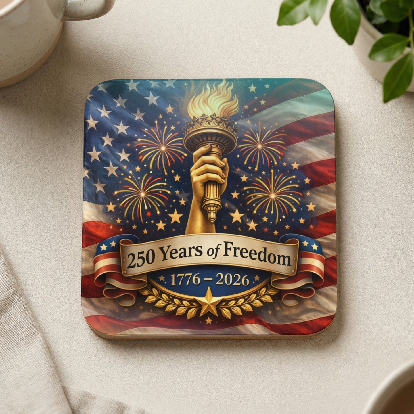 Coaster with 250 Years of Freedom, 1776-2026, and American flag fireworks.