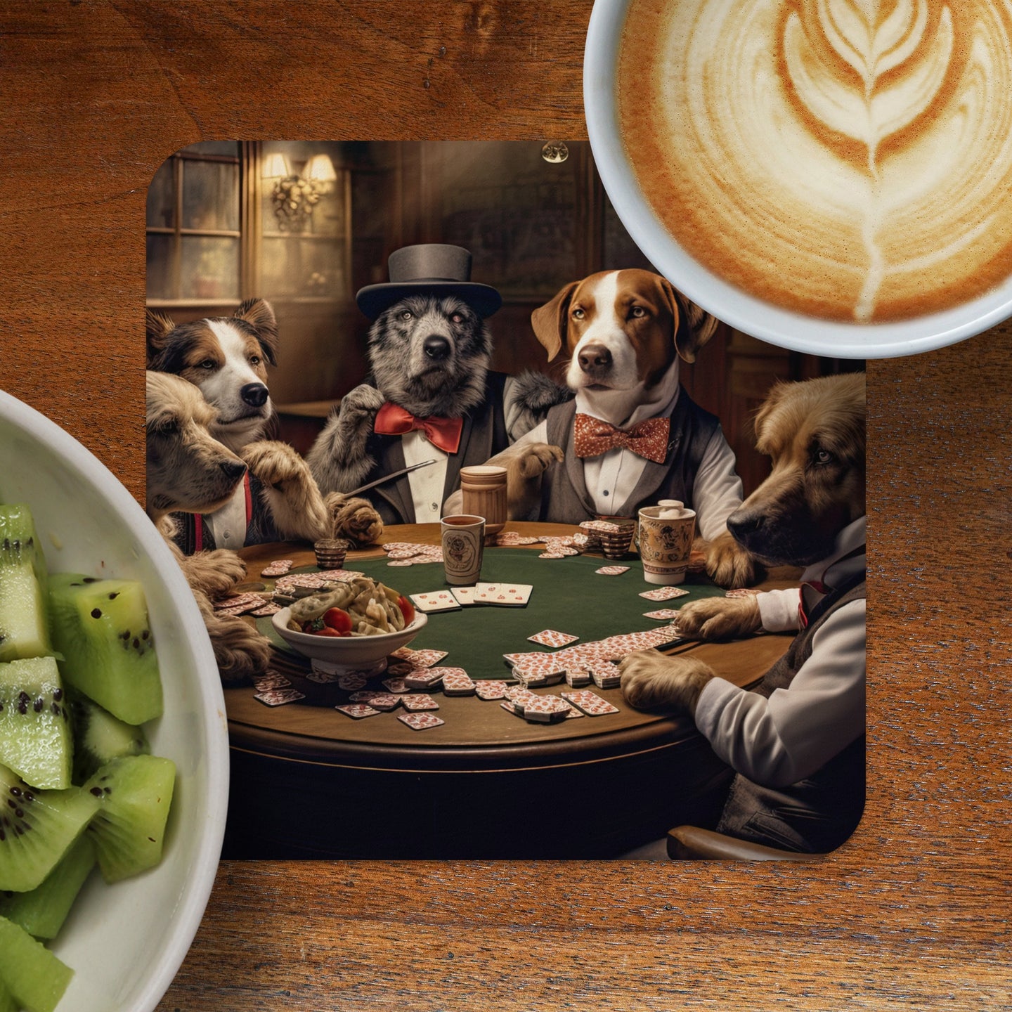 Dogs in formal attire play poker at a table with a coffee and kiwi in the foreground.