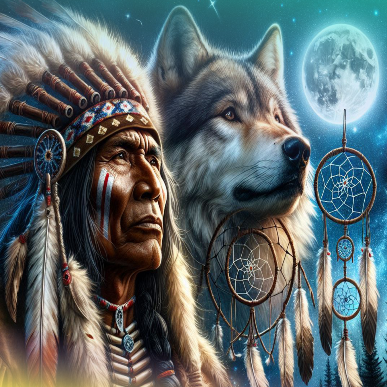 Native American man with wolf and dreamcatchers under full moon.