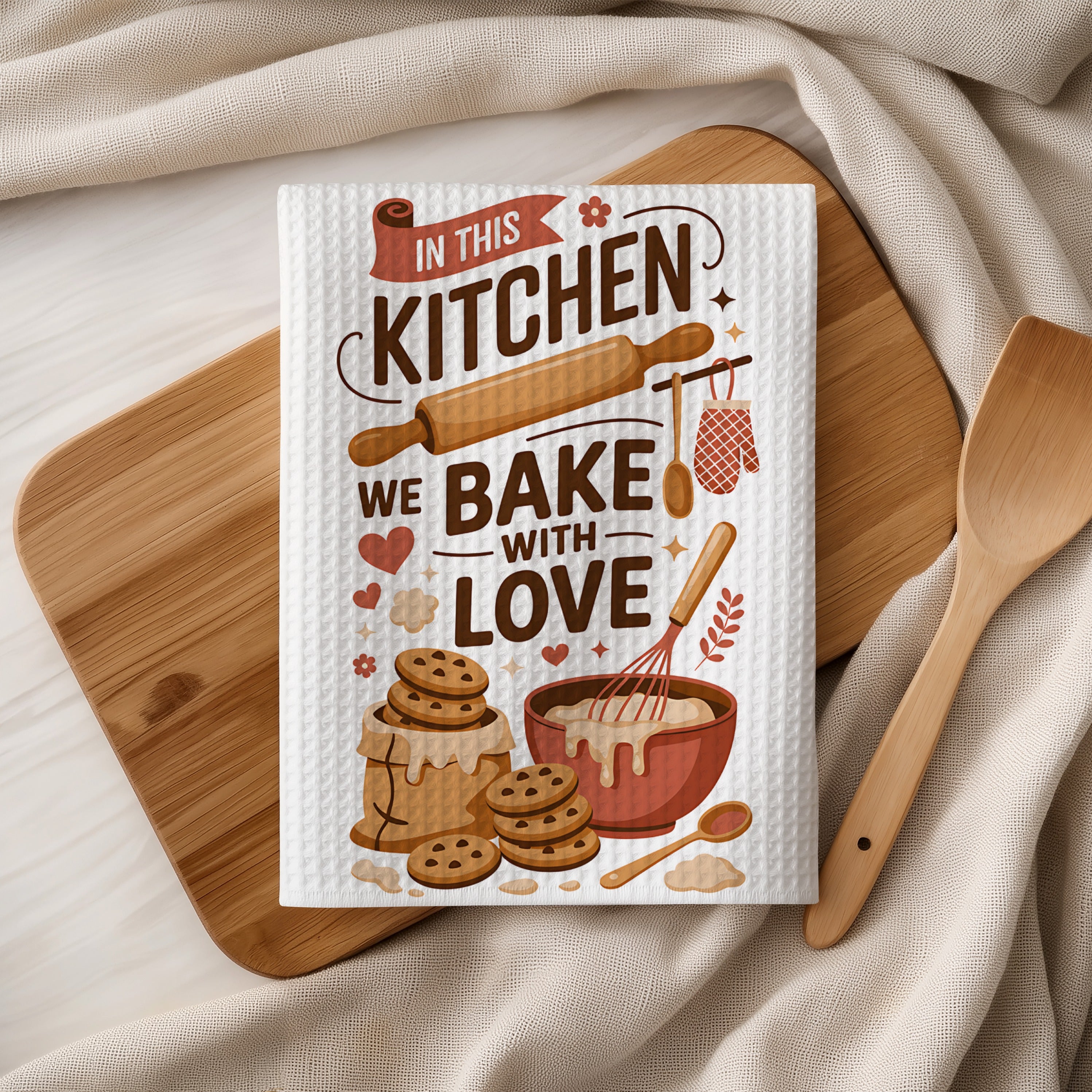 "IN THIS KITCHEN WE BAKE WITH LOVE" text on waffle towel with cookies and baking tools.