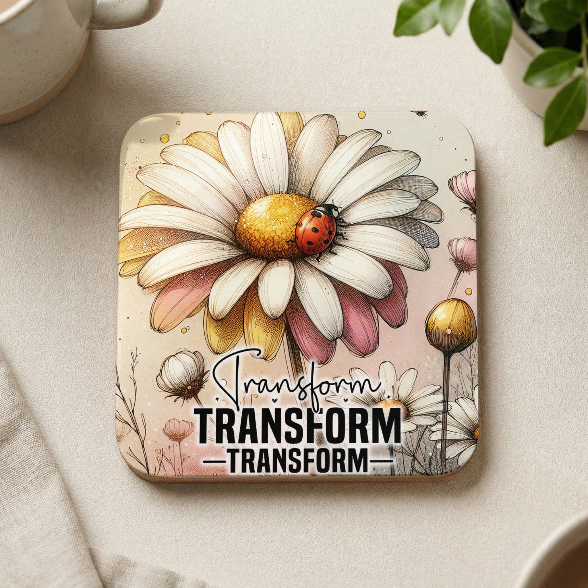Daisy with ladybug and text "TRANSFORM TRANSFORM".