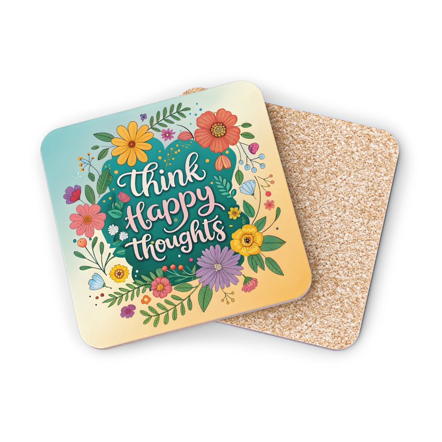 Two floral coasters with "Think Happy Thoughts" text on colorful background.