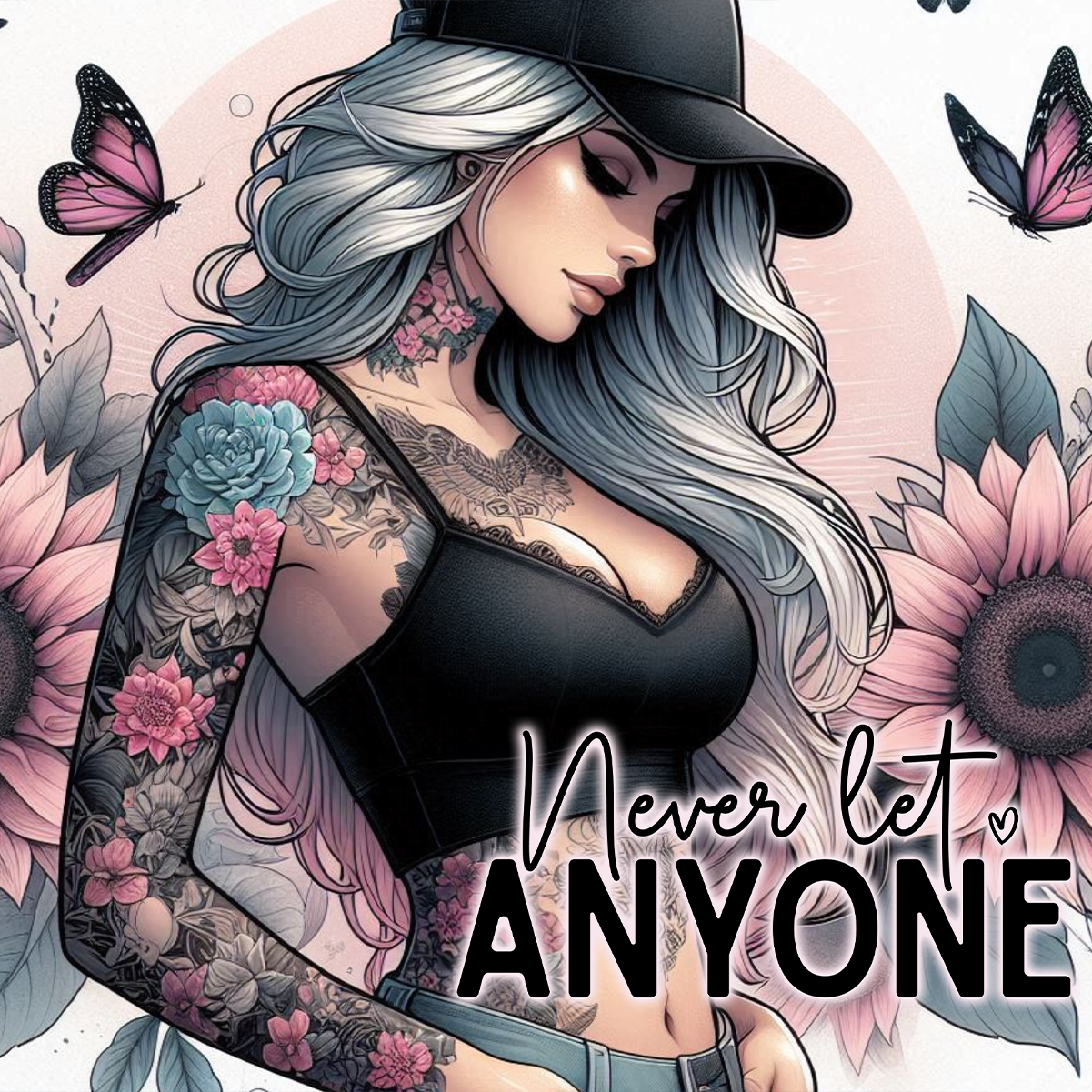 Tattooed woman in a black crop top and baseball cap, with sunflowers and butterflies.