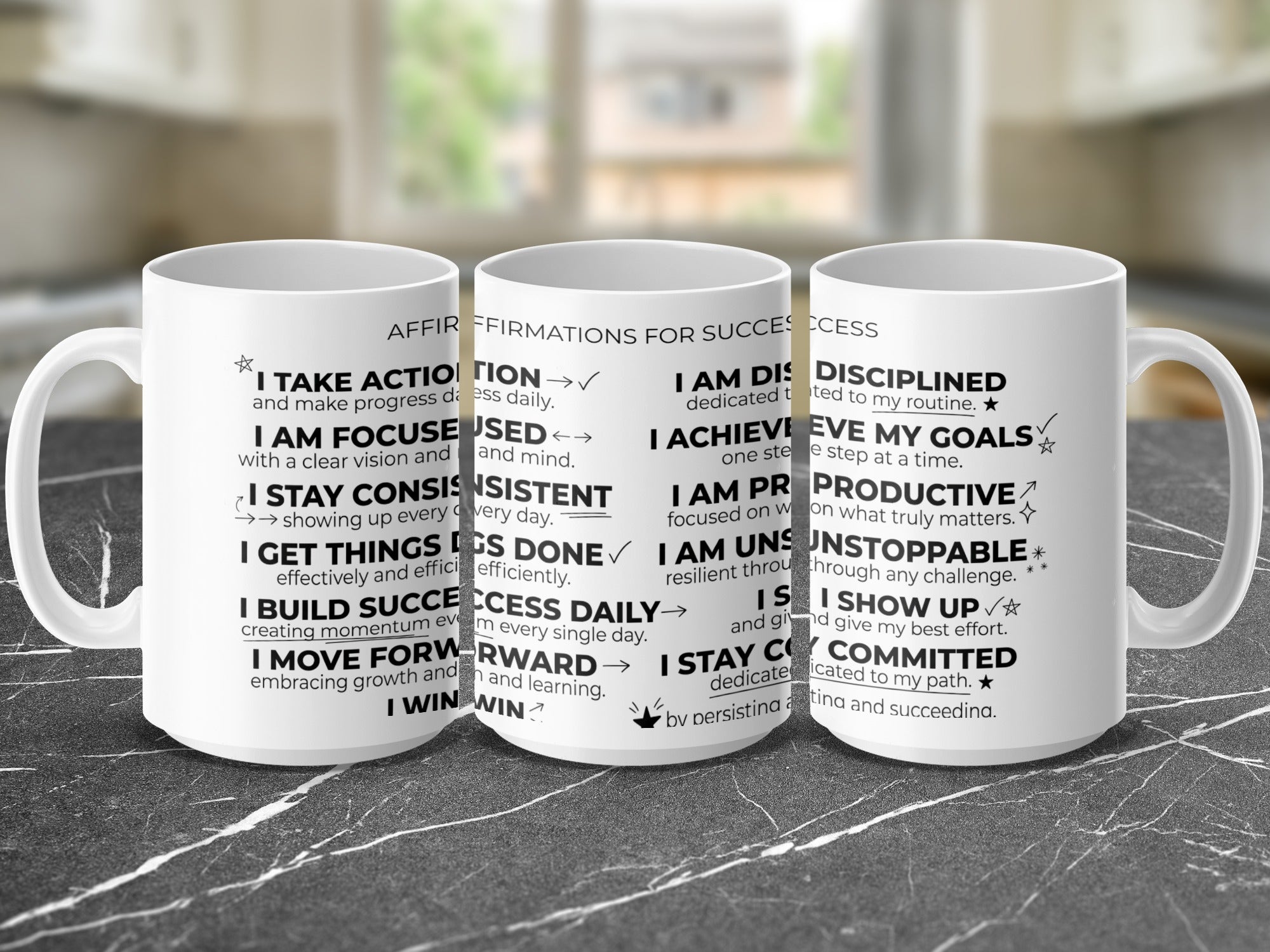 White mug with motivational affirmations about success, action, and discipline.