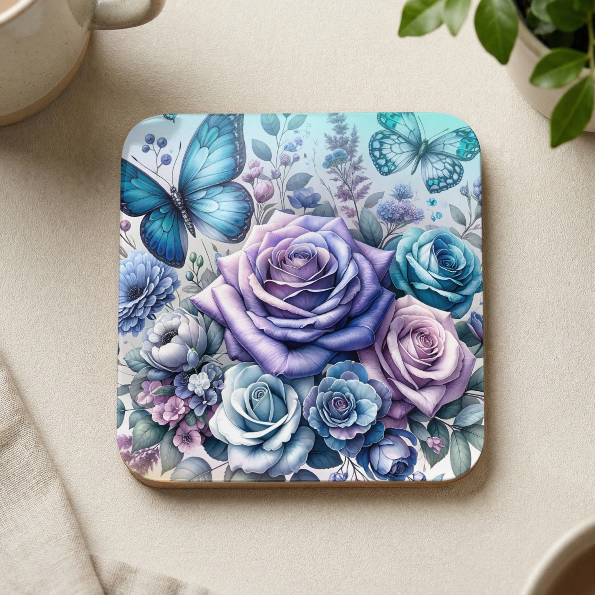 Floral coaster with blue butterflies and purple and blue roses.