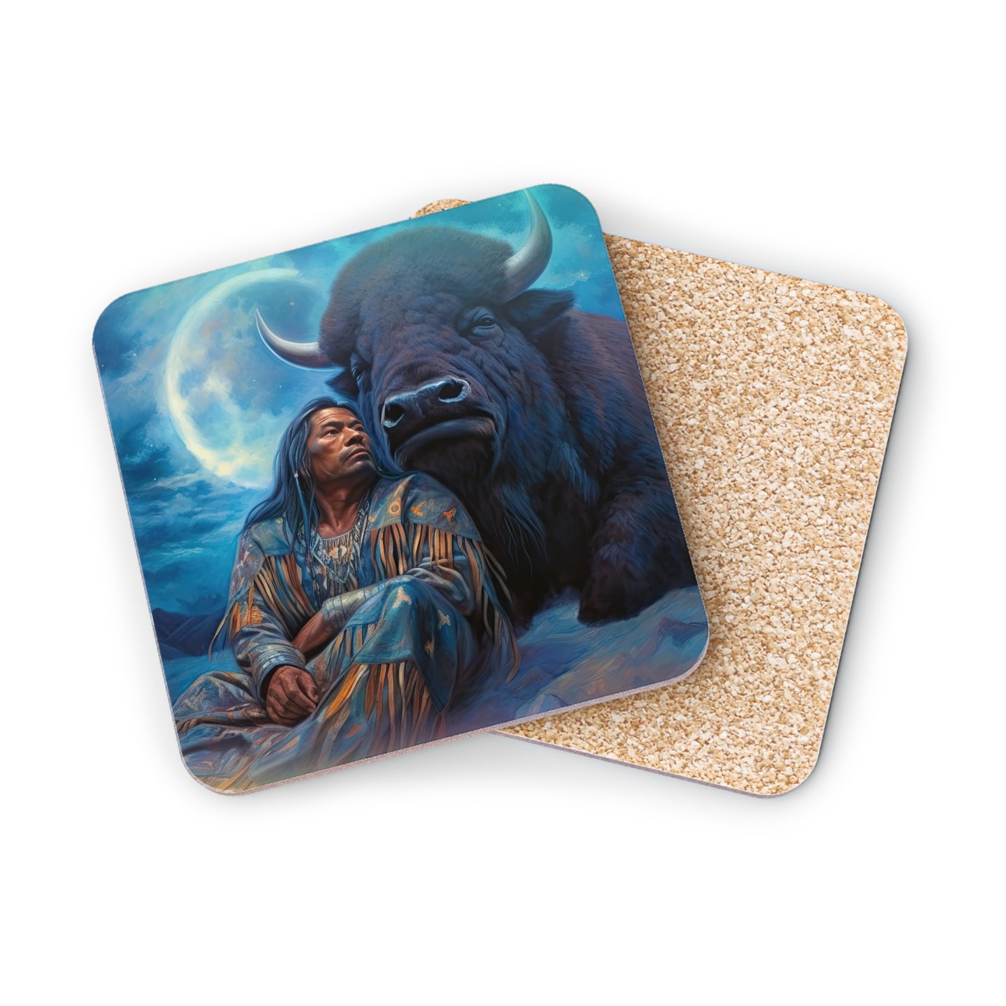Native American man and bison under a moonlit sky, on two coasters.