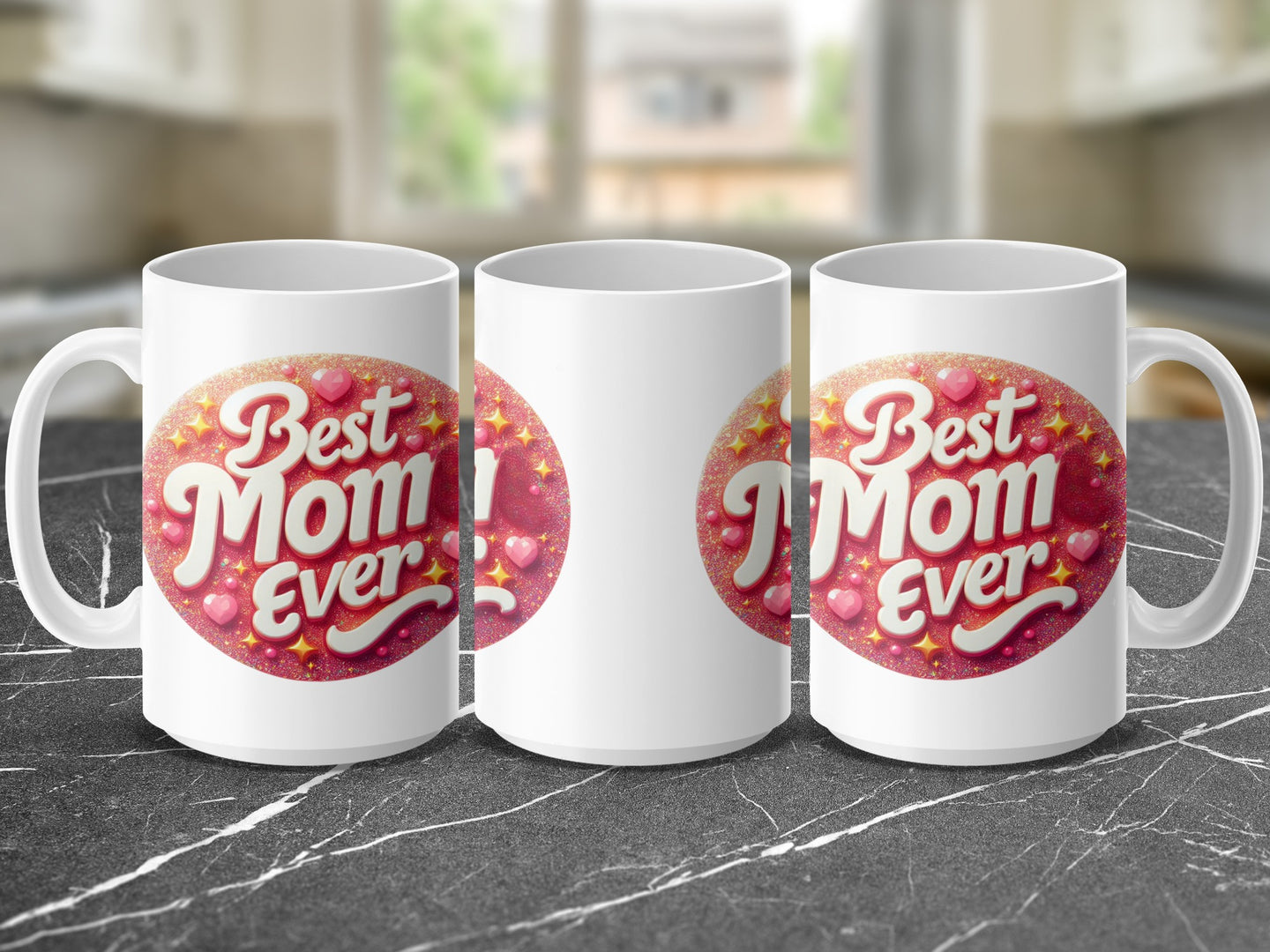 White mug with "Best Mom Ever" text and sparkling red heart graphic.