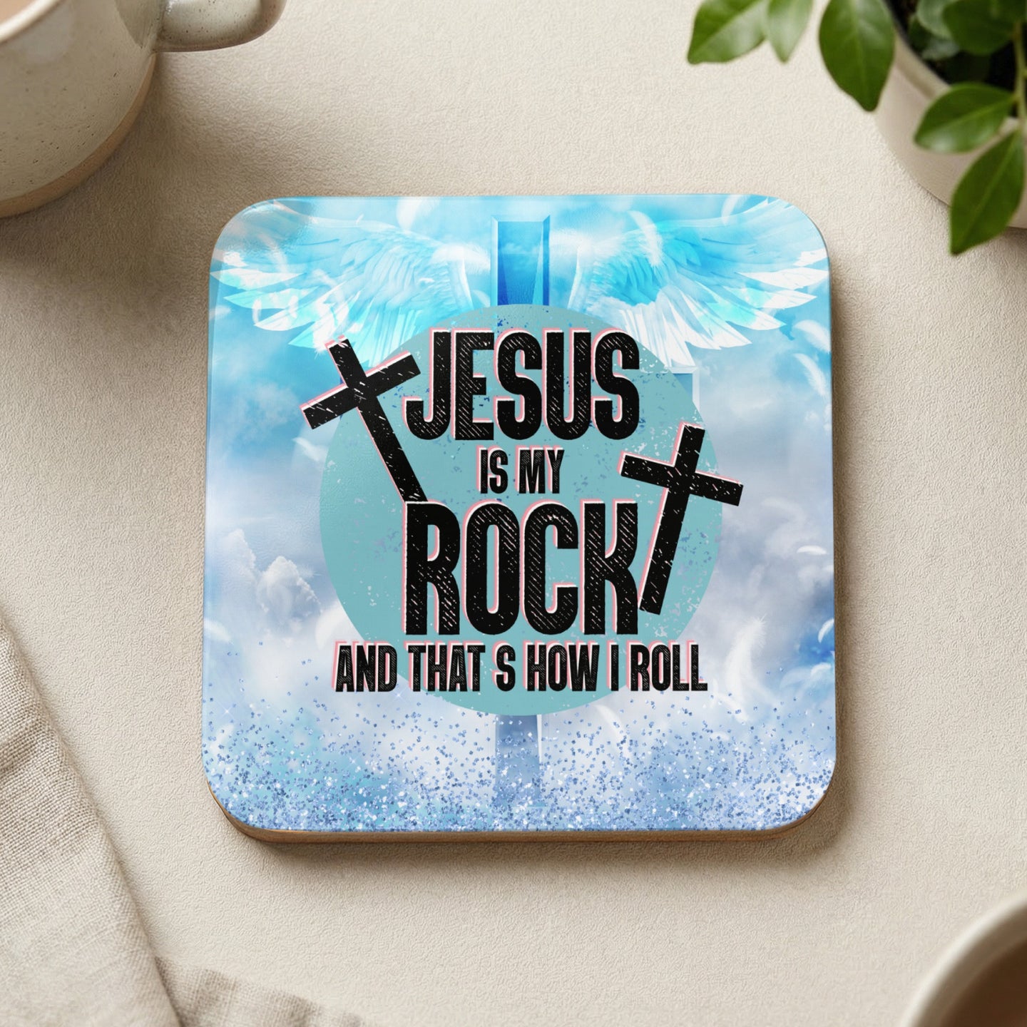 Jesus is my rock and that's how I roll quote on a celestial background.