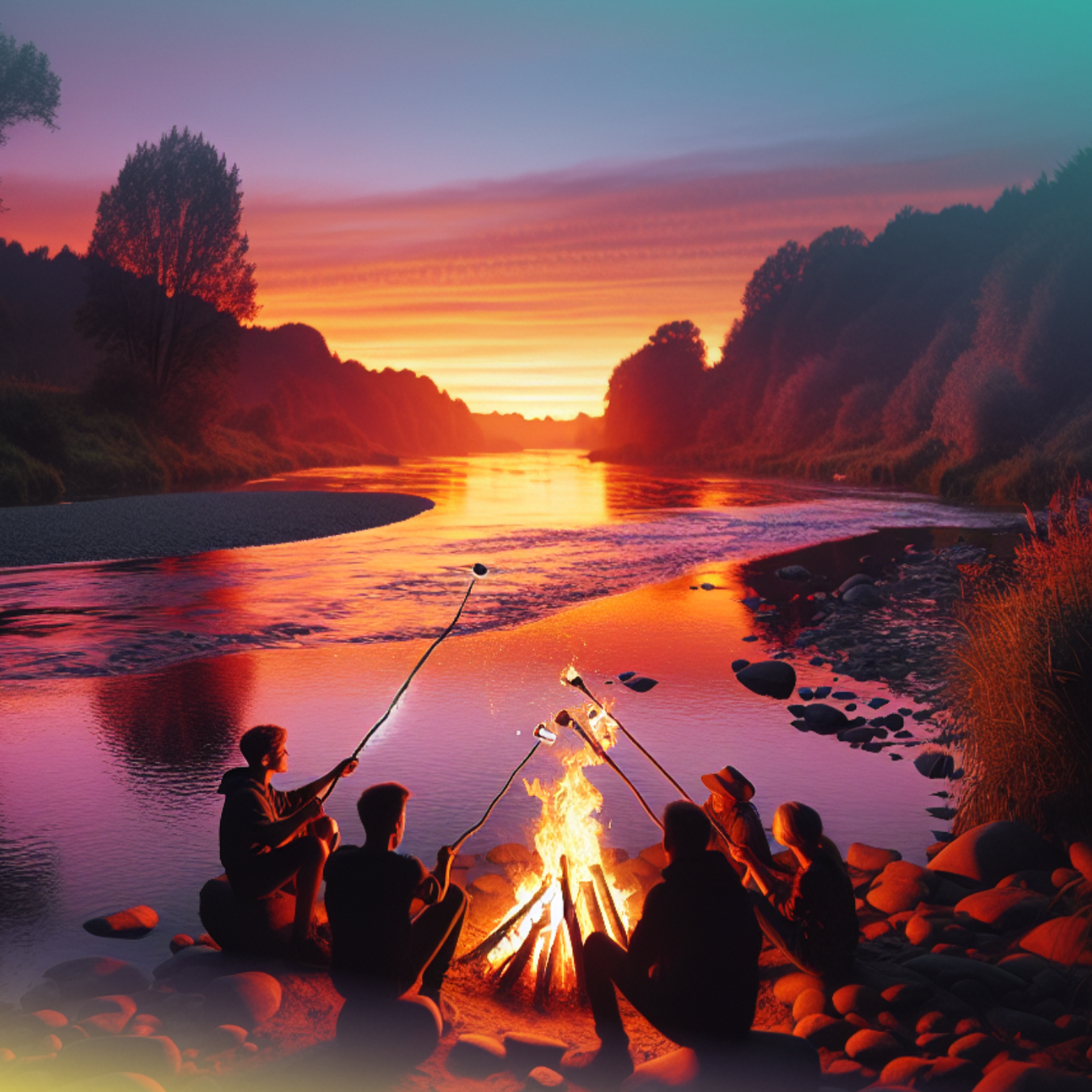 Silhouetted figures gather around a campfire by a river at sunset.