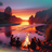 Silhouetted figures gather around a campfire by a river at sunset.