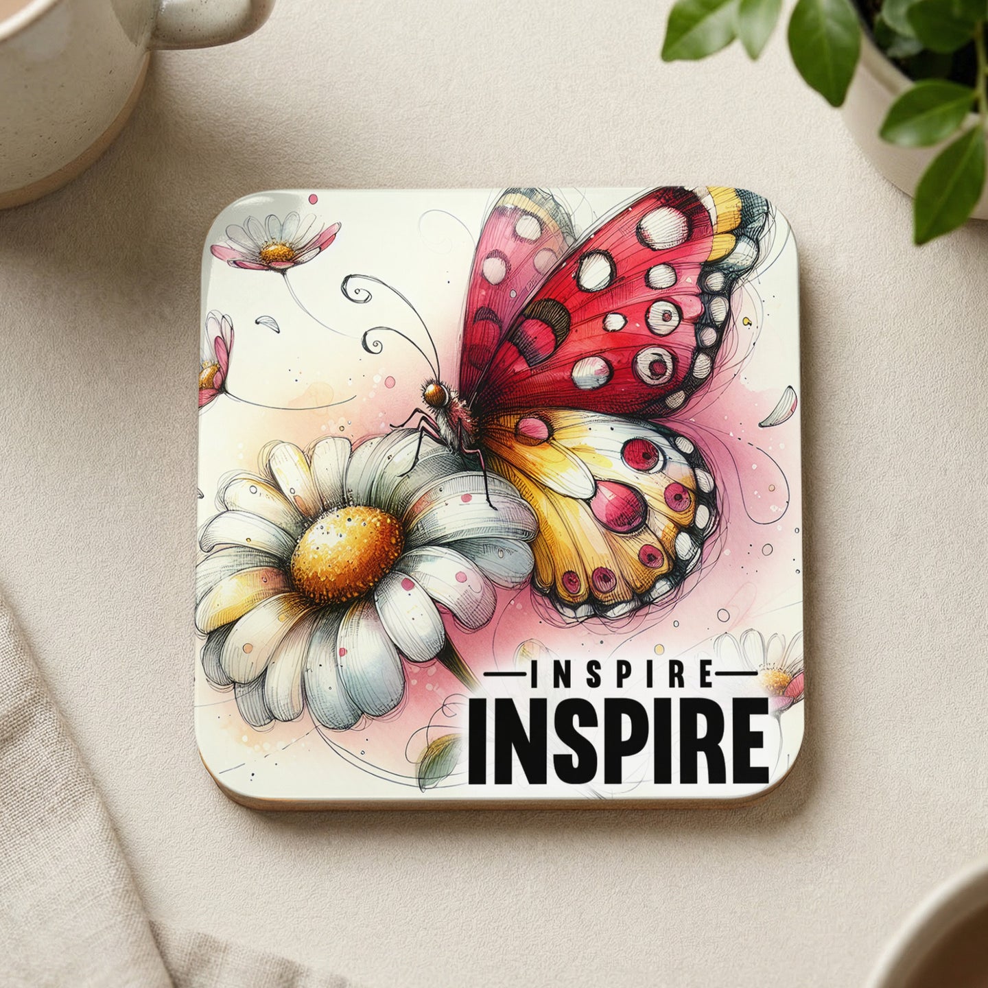 Red butterfly on a daisy with "INSPIRE" text.