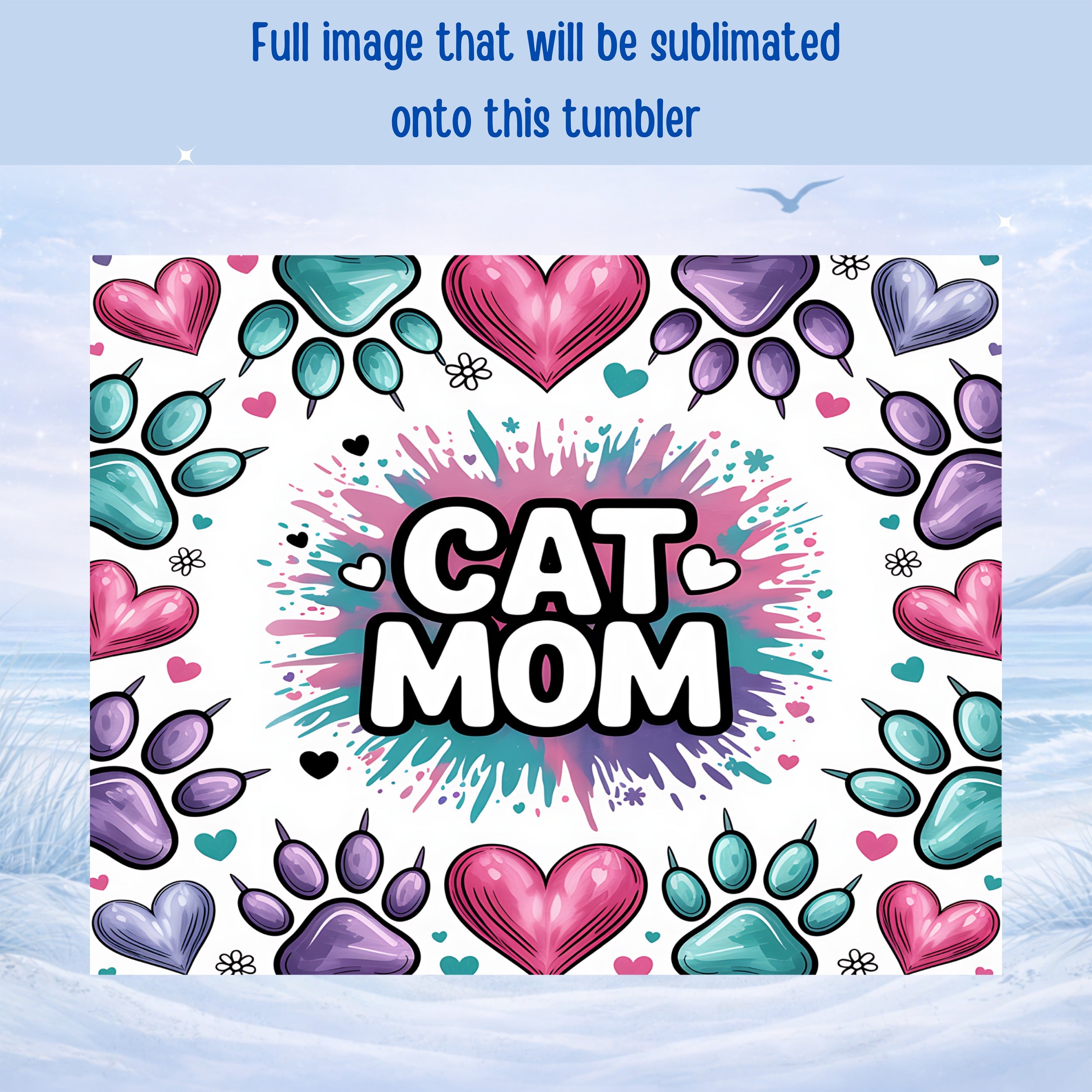 Cat Mom sublimation design with paw prints and hearts.