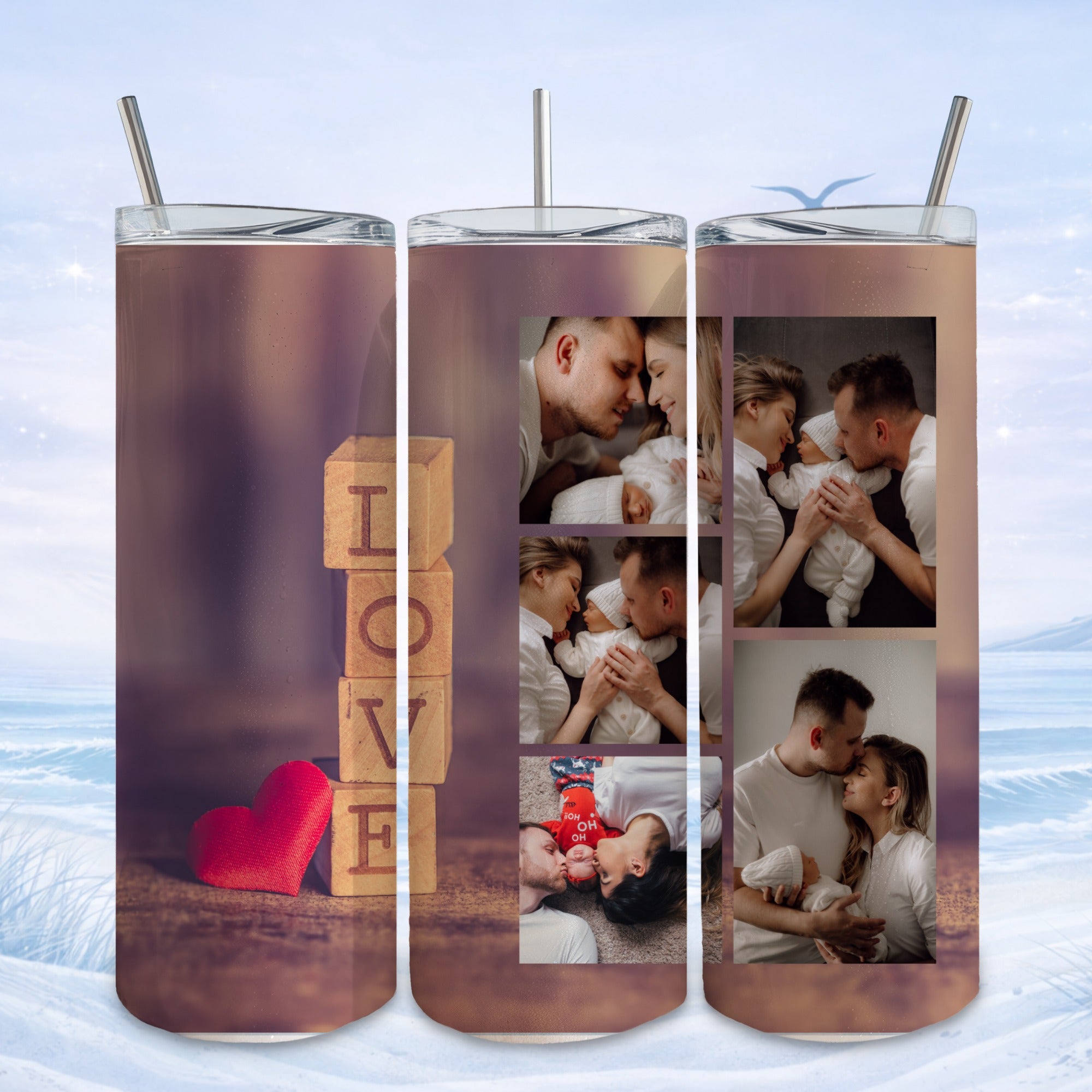 Collage of family photos featuring parents with newborn on a tumbler with "LOVE" blocks.