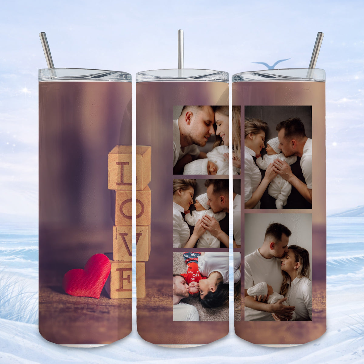 Collage of family photos featuring parents with newborn on a tumbler with "LOVE" blocks.