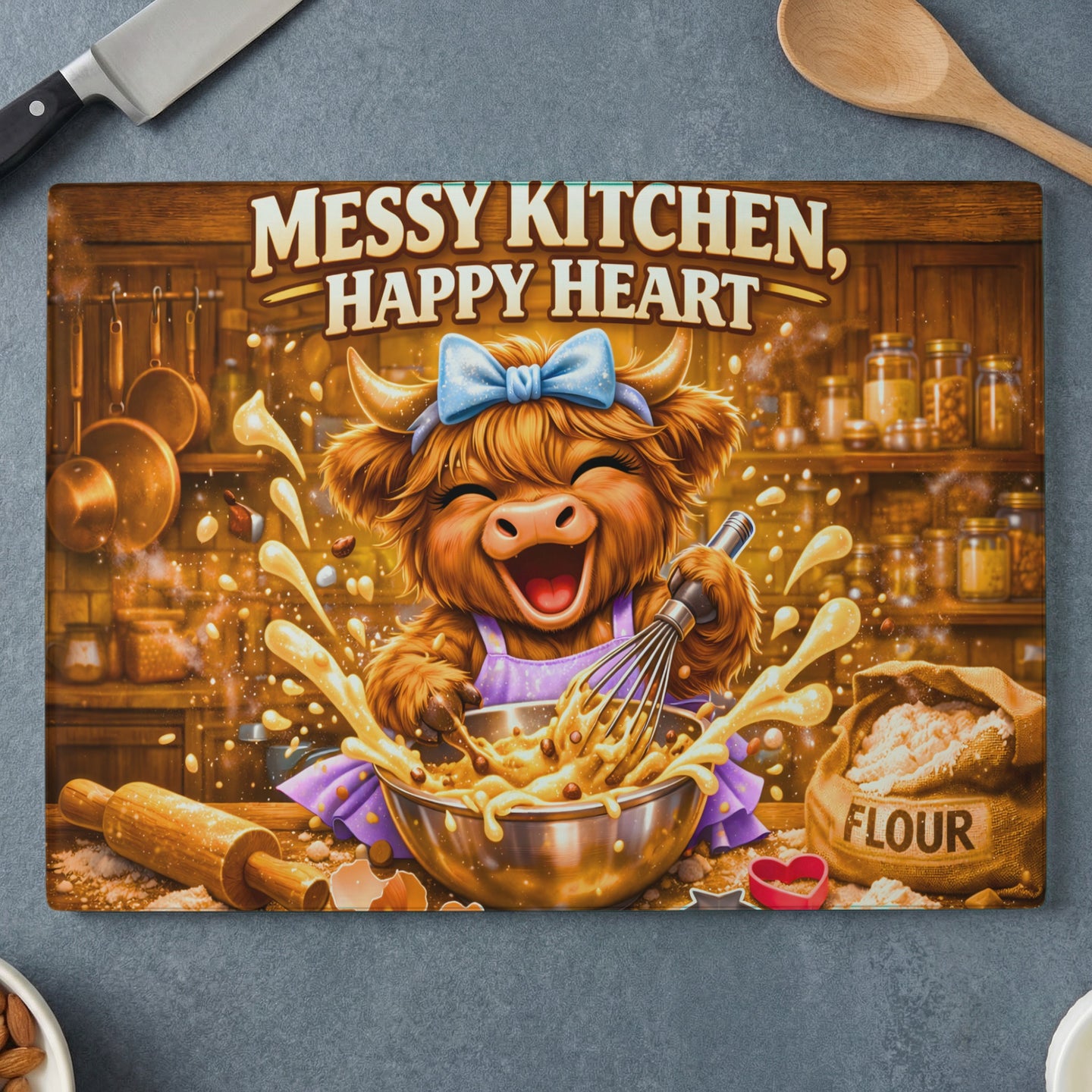 Cute Highland cow with blue bow whisks batter in a messy kitchen, flour bag nearby.