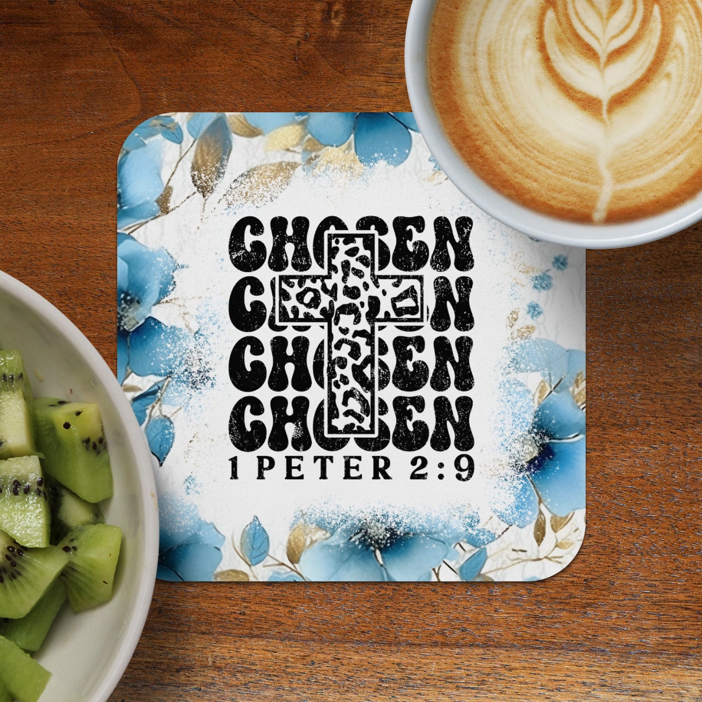 Coaster with "CHOSEN CHOSEN CHOSEN 1 PETER 2:9" text and leopard print cross.