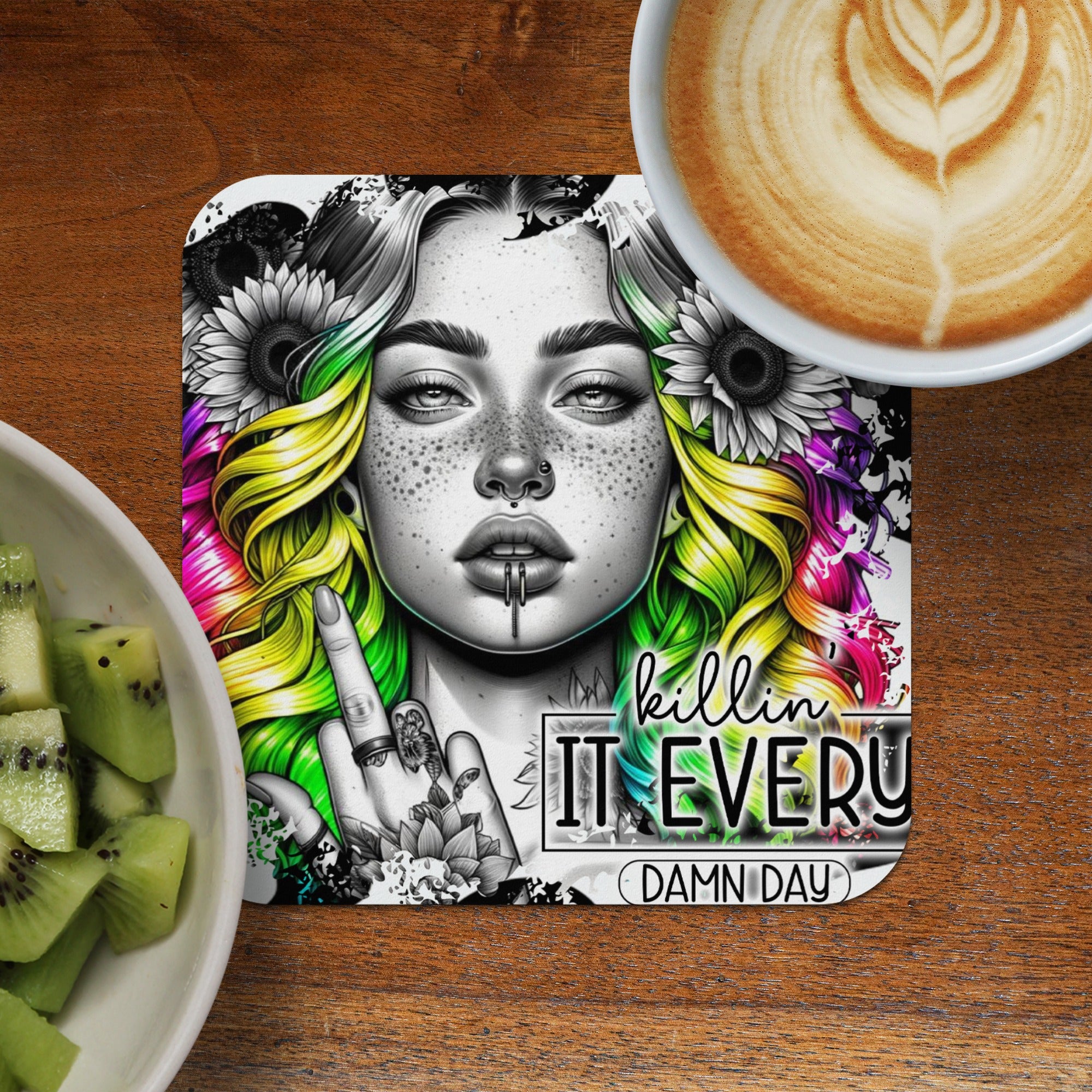 Woman with rainbow hair and piercings giving middle finger, "Killin It Every Damn Day."