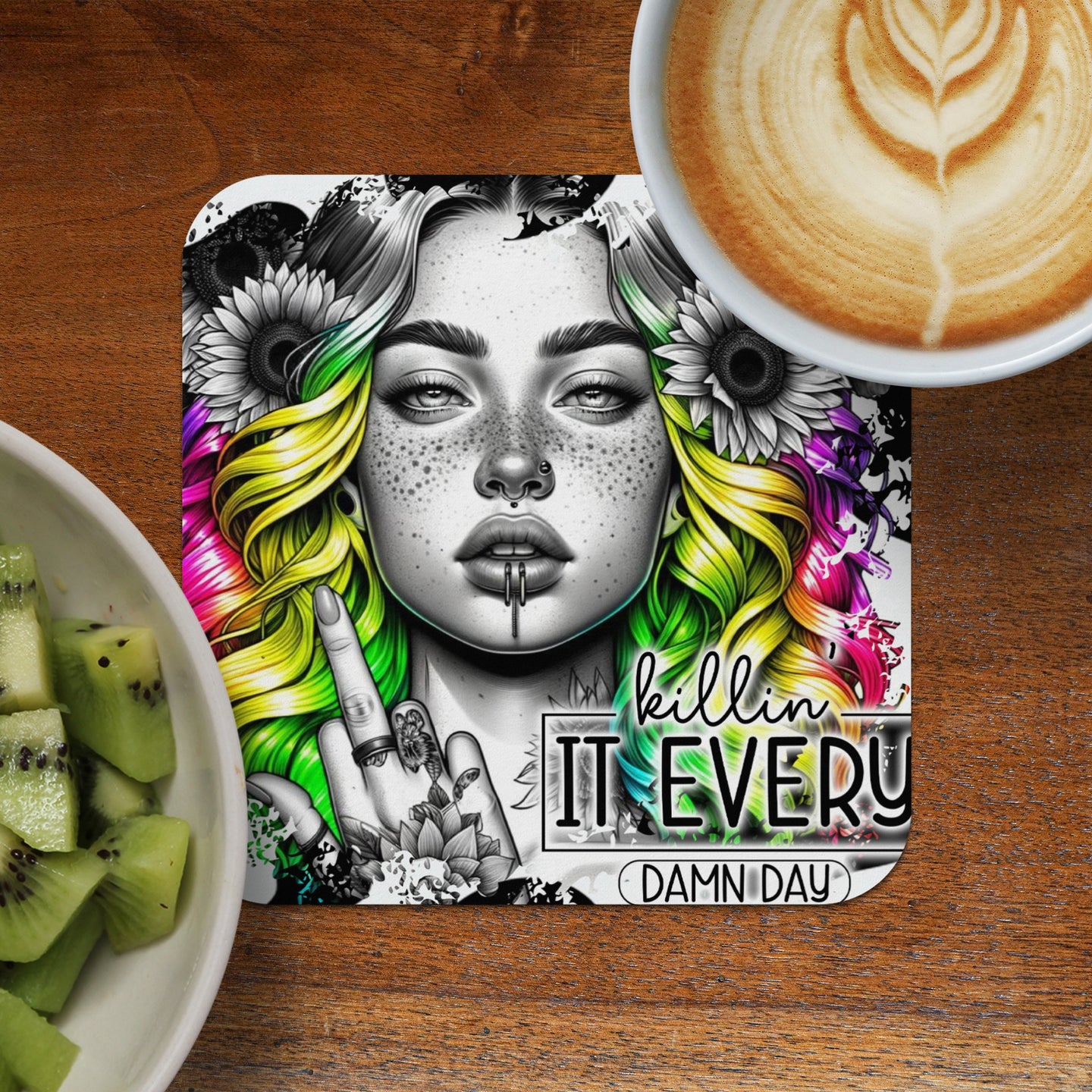 Woman with rainbow hair and piercings giving middle finger, "Killin It Every Damn Day."