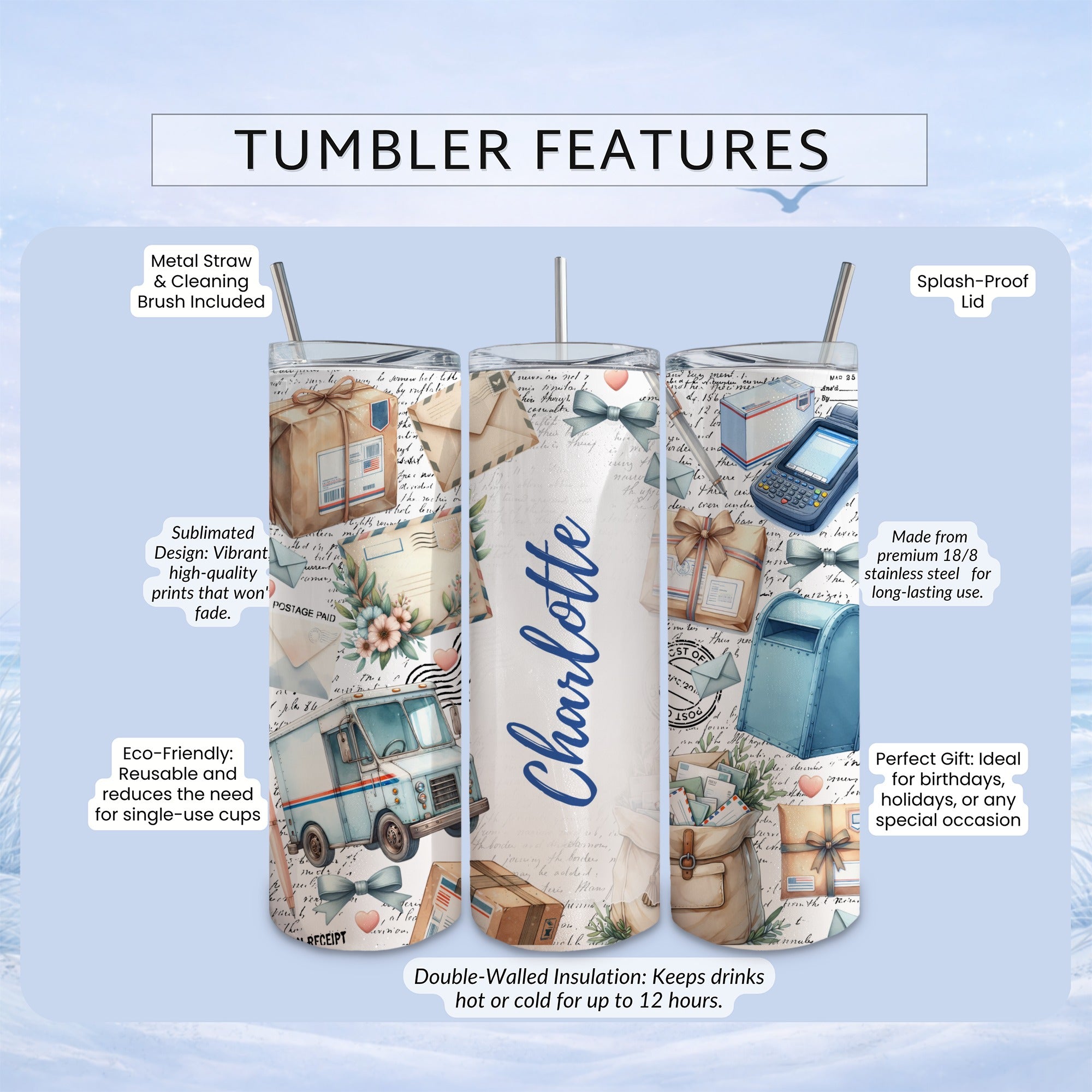 Tumbler with vintage postage stamps and handwritten letters design.