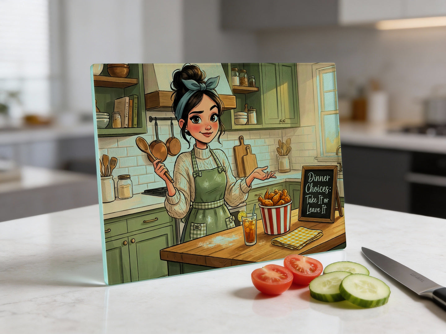 Woman in apron with fried chicken and iced tea, "Dinner Choices: Take it or Leave it" sign.