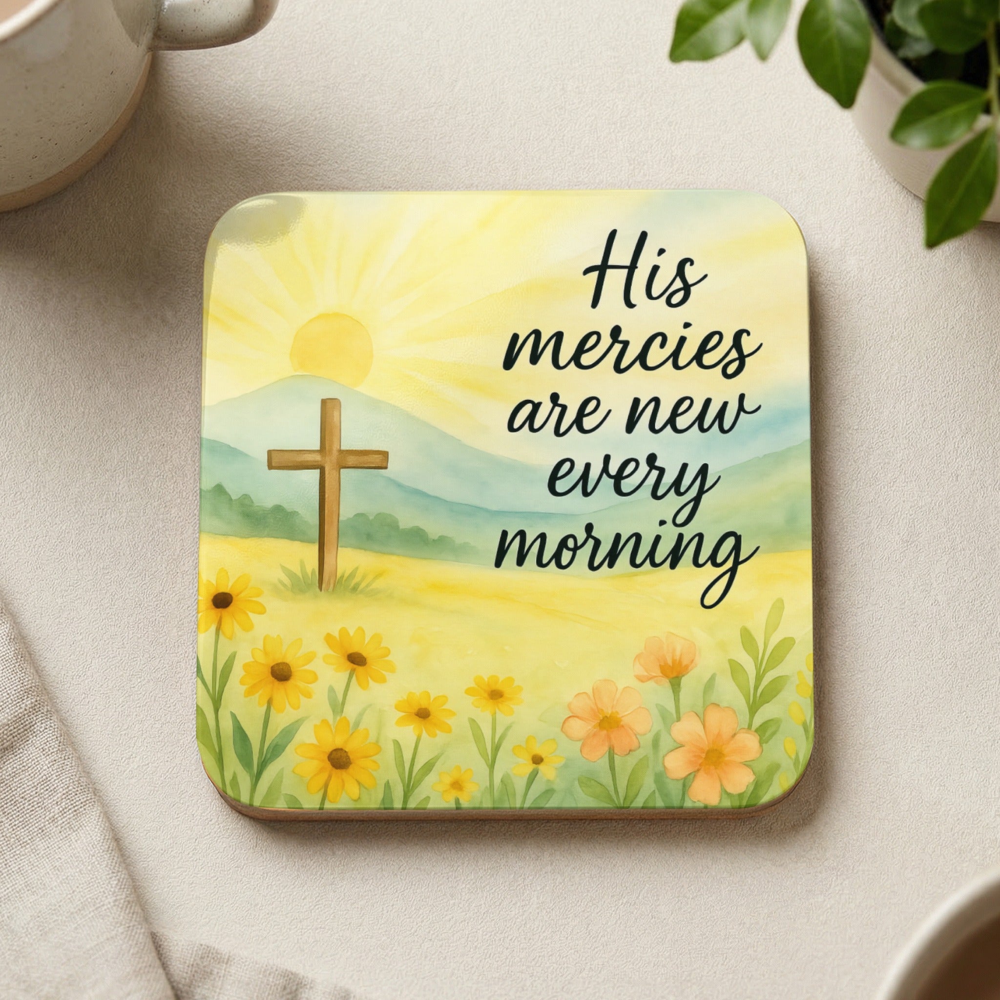 Square coaster with Christian cross and flowers, "His mercies are new every morning."