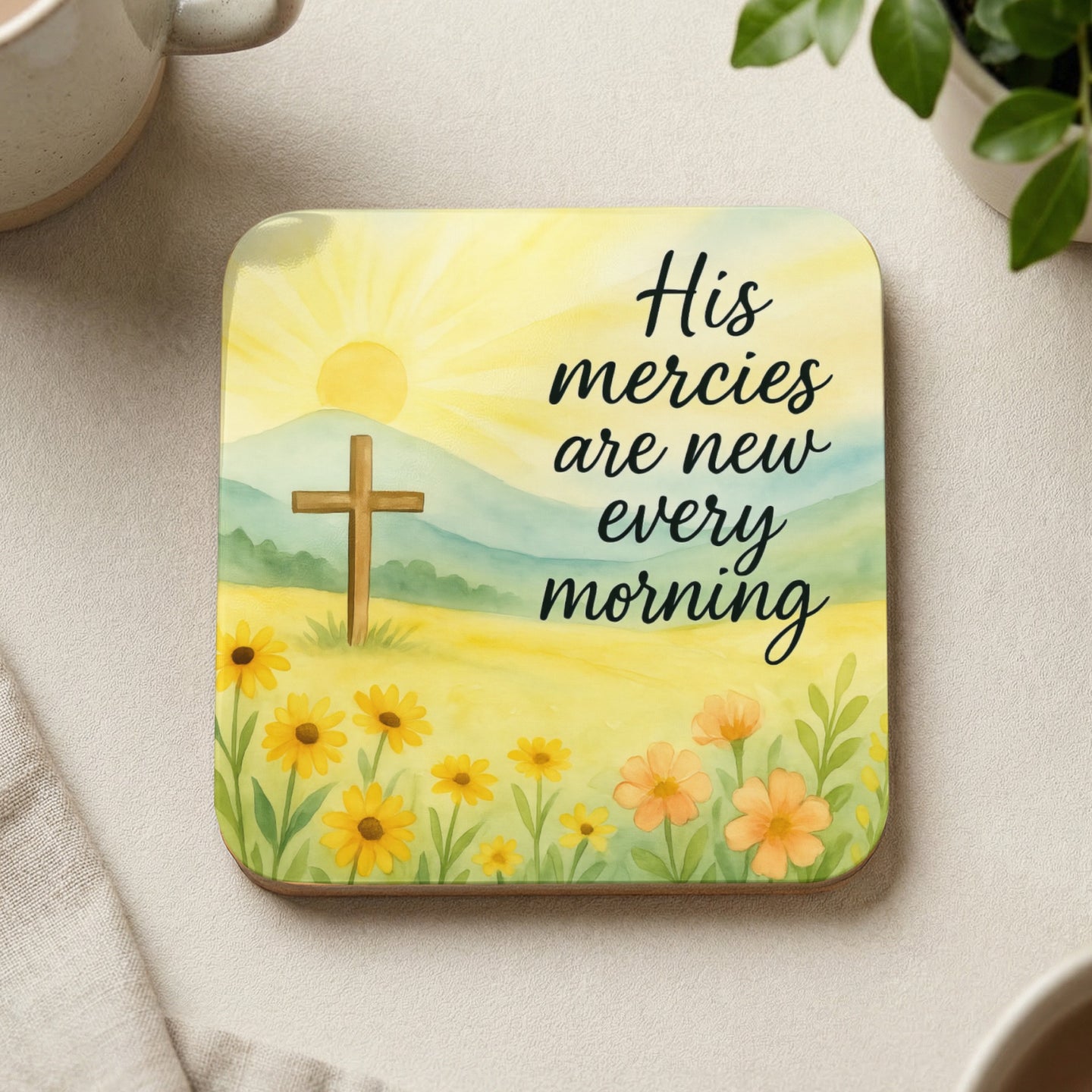 Square coaster with Christian cross and flowers, "His mercies are new every morning."