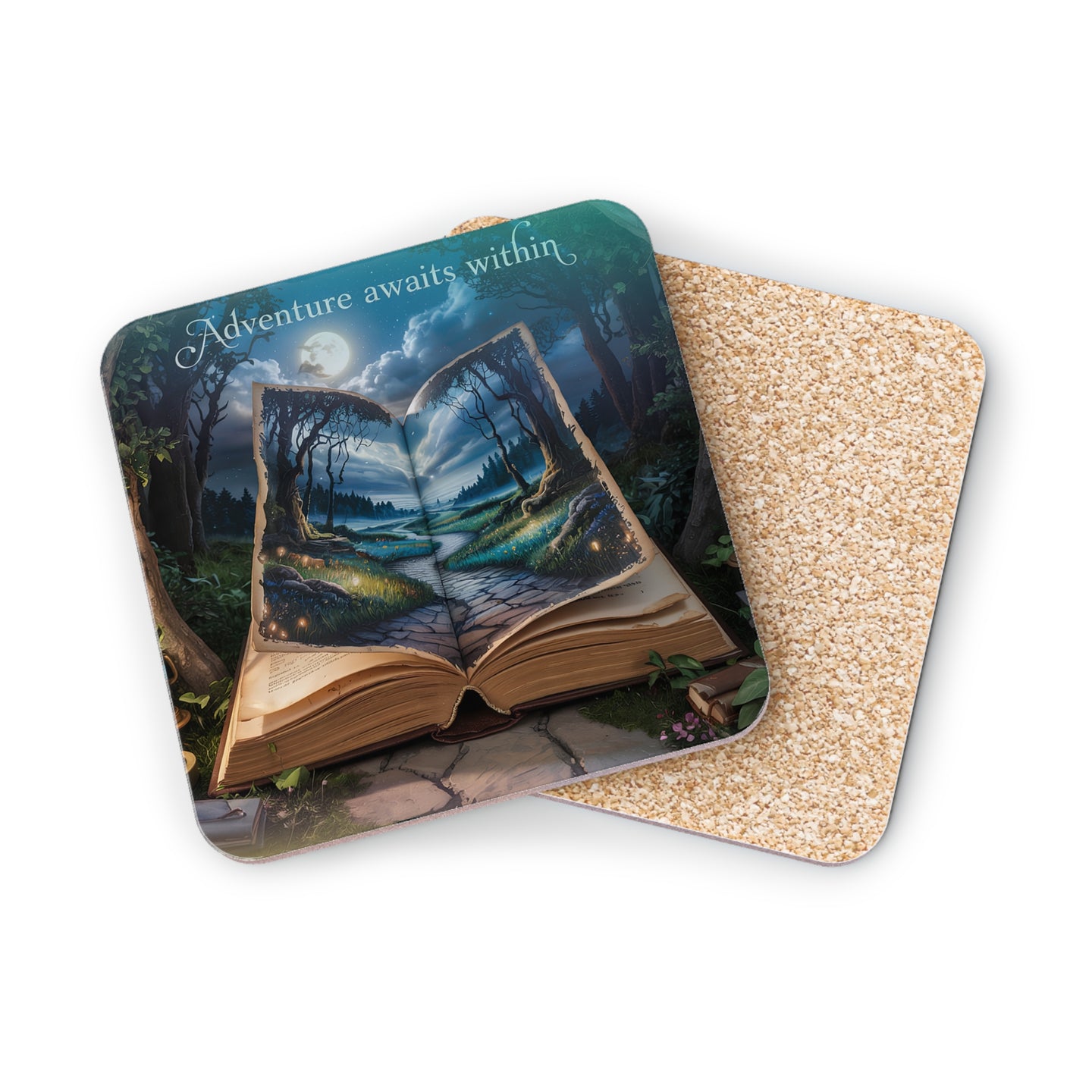 Open book with a fantasy forest scene and "Adventure awaits within" text.