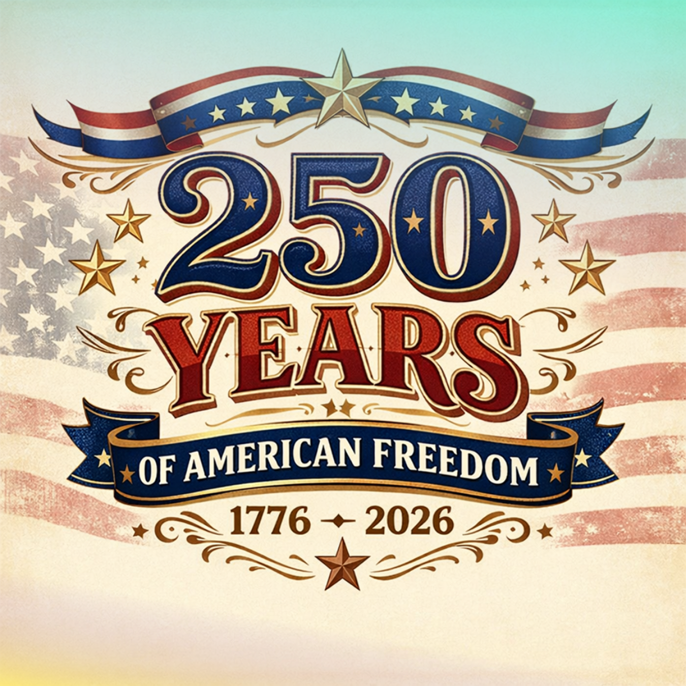 250 Years of American Freedom 1776-2026 with American flag background.