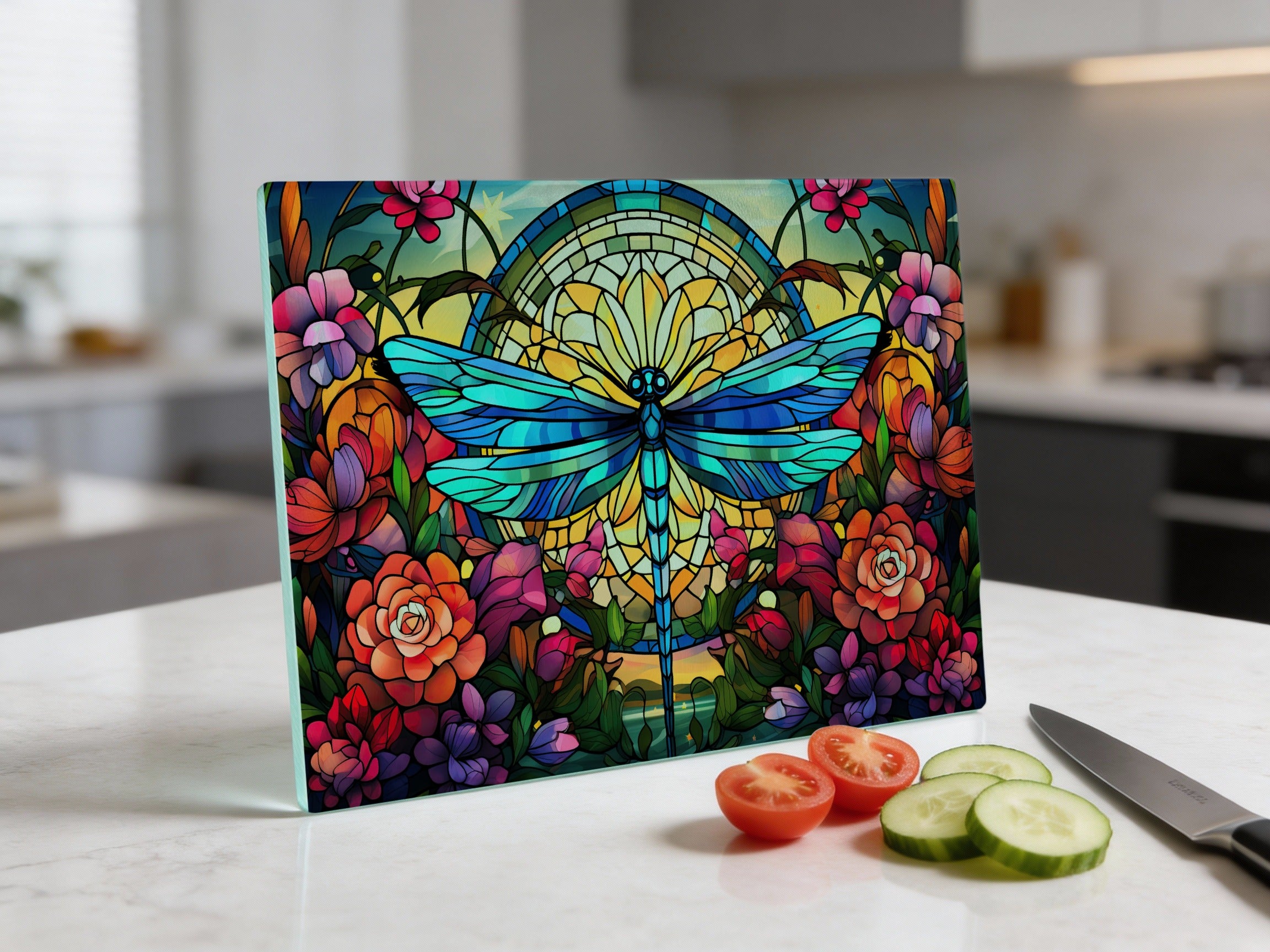 Glass cutting board with a stained-glass dragonfly and floral design.