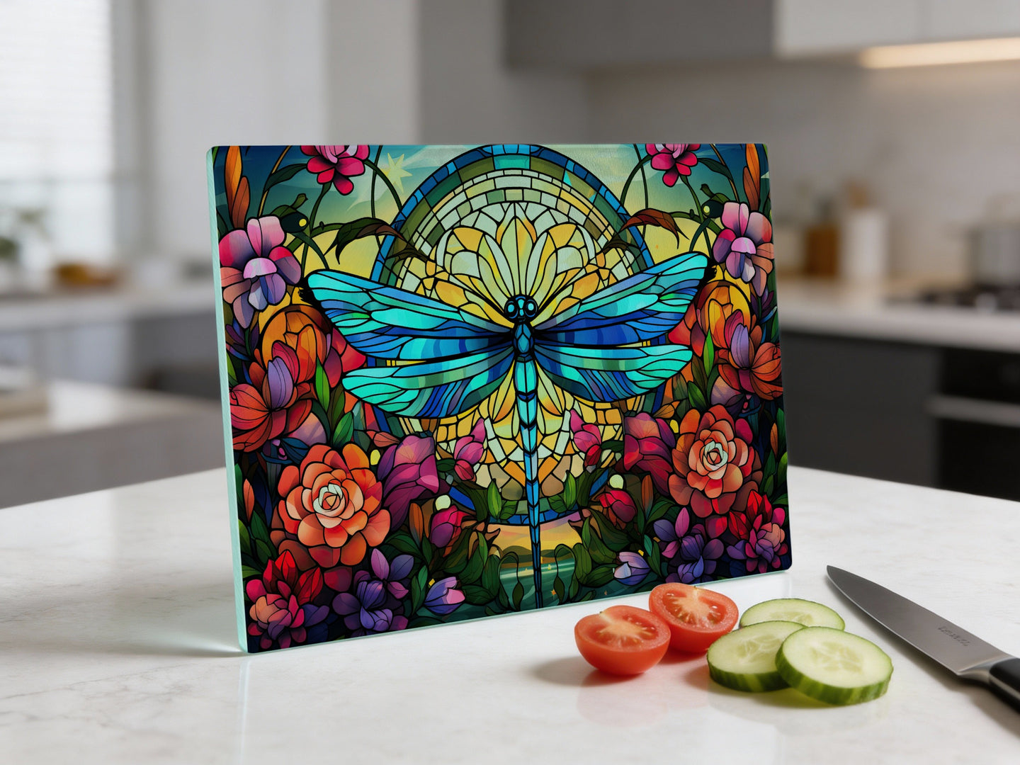 Glass cutting board with a stained-glass dragonfly and floral design.