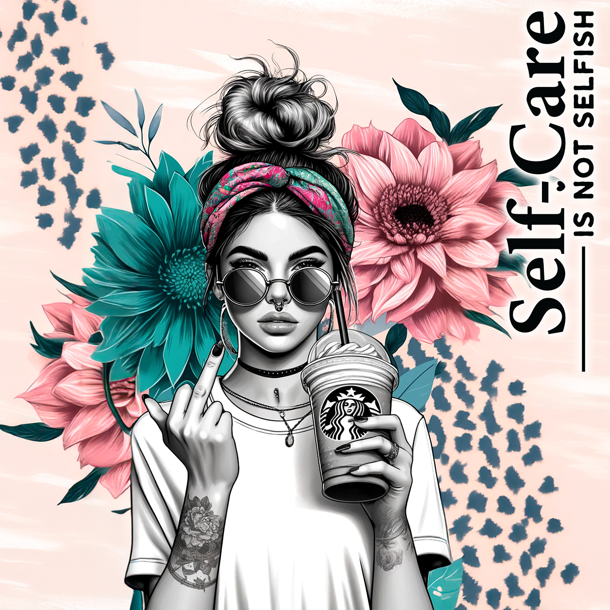 Woman with tattoos holds Starbucks drink, wearing bandana and sunglasses.