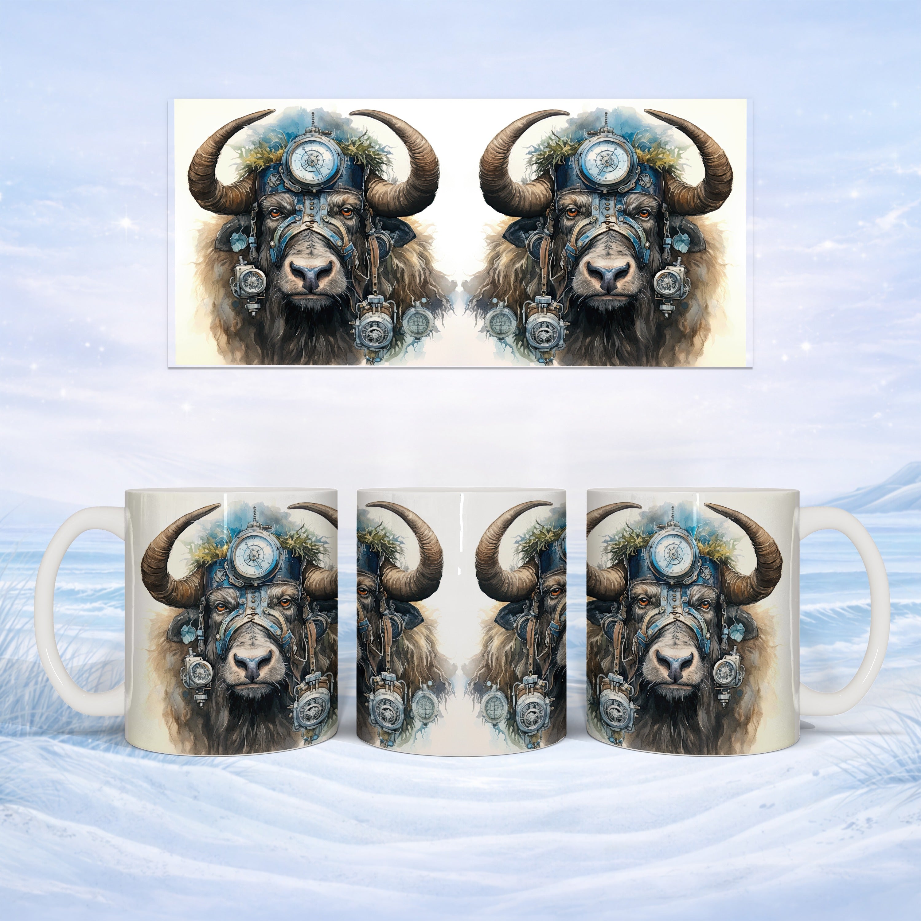 Steampunk buffalo head design on a white mug, repeated four times.